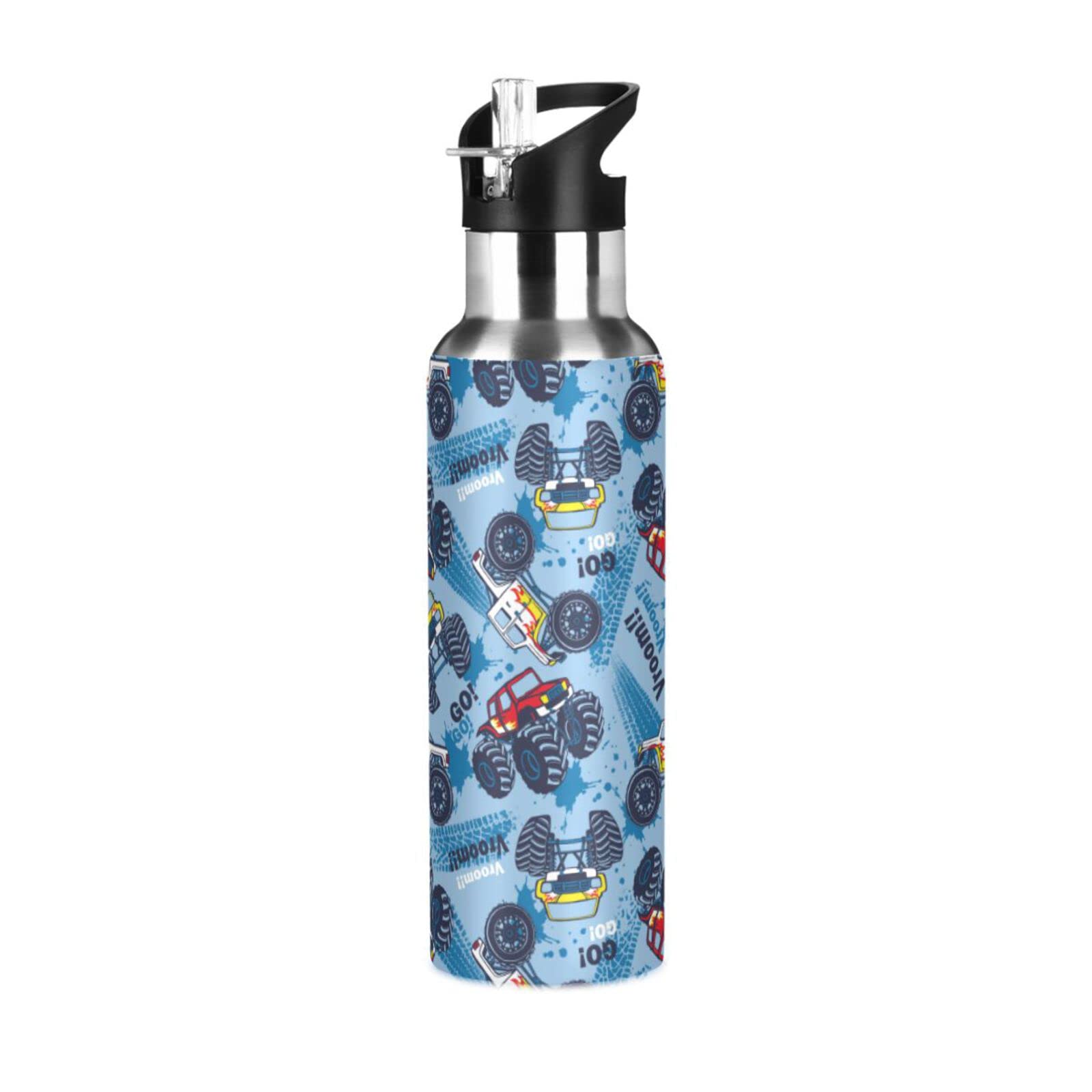 Monster Truck Cars Water Bottle for Girls Boys Stainless Steel Drink Flask Straw Vacuum Insulated Leakproof Thermos for Sports 600 ml