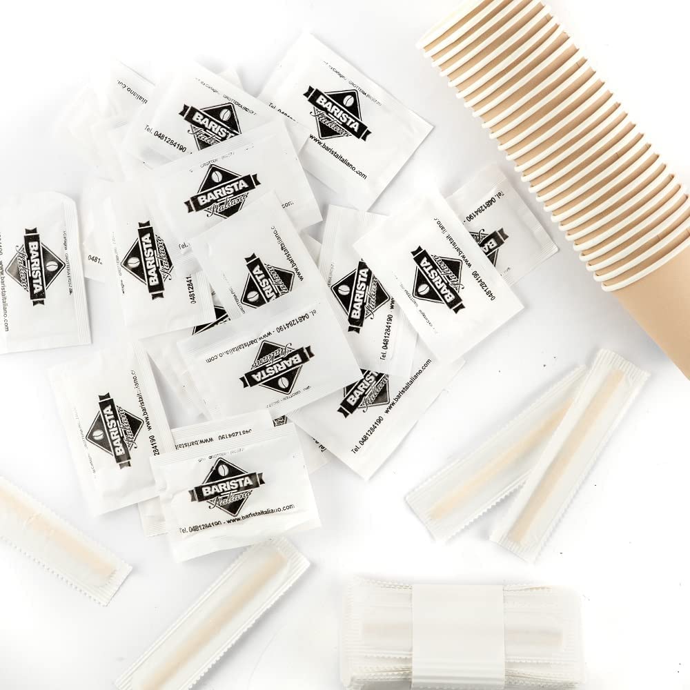 Kit Caffè | 100 Bustine Zucchero, 100 Bicchierini Carta, 100 Palette Legno