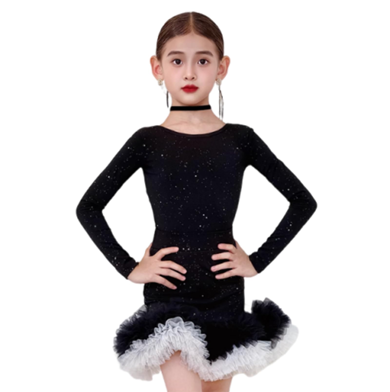 Abito da Ballo Latino A Maniche Lunghe per Bambine Gonna da Competizione per Tango E Balli da Sala per Feste Costume da Ballo Salsa Cha-Cha Abito da Allenamento per Spettacoli(150Cm)