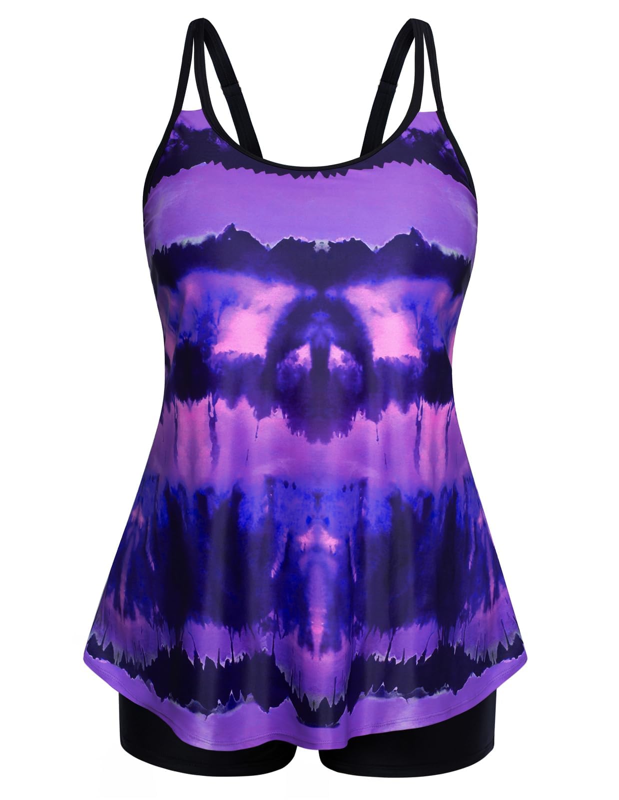 Hanna Nikole Damen Zweiteiliger Tankini Bauchweg Badeanzug A-Linie Badeoberteile für Mollige Lila Tie Dye 46
