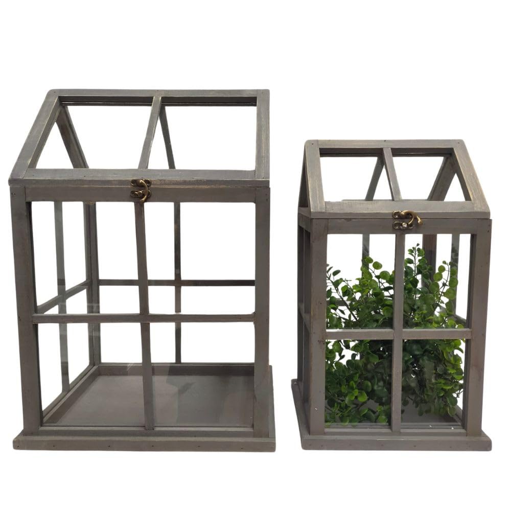 Set de 2 Mini serres d'intérieur en Bois Gris et Verre