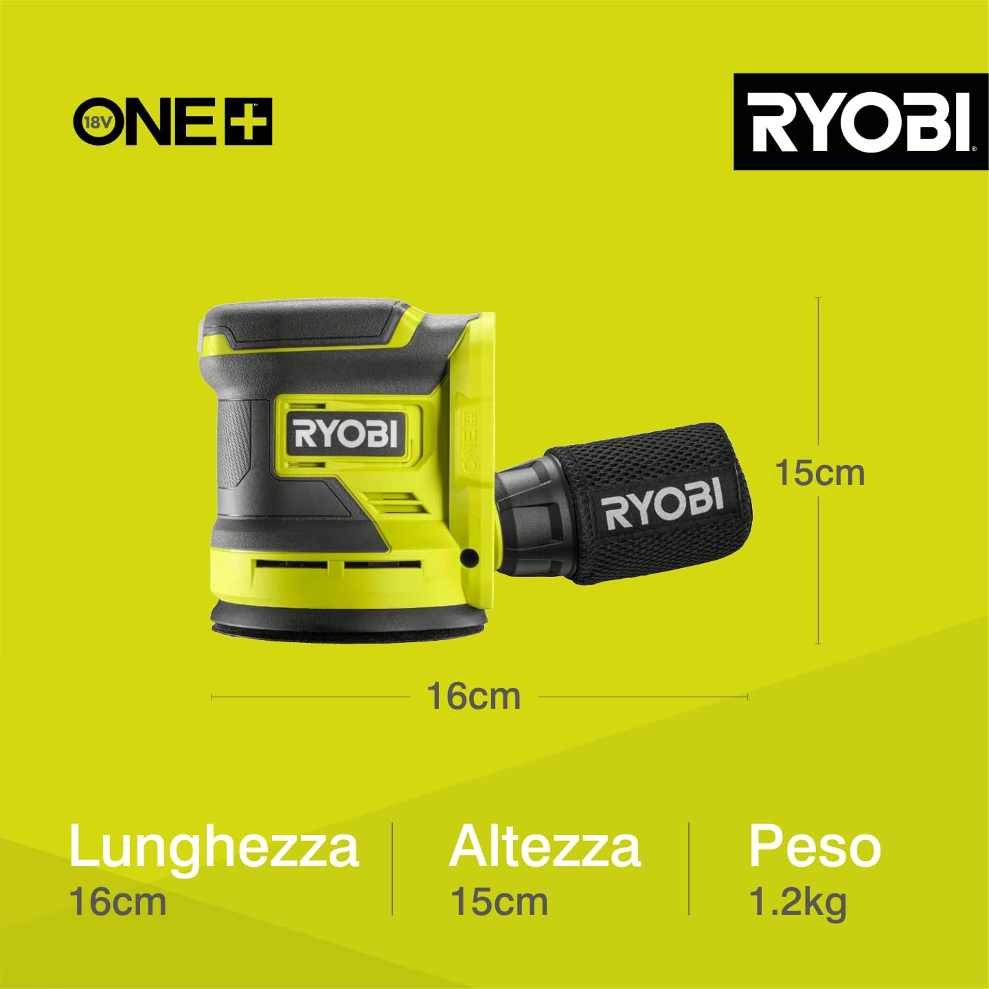 Ryobi Levigatrice Rotorbitale 18V ONE+, Diametro Disco 125mm, Velocità 10.000 Giri/Minuto, Diametro Orbita 2.5mm, 20.000 Oscillazioni al Minuto, Senza Batteria e Caricatore, RROS18-0