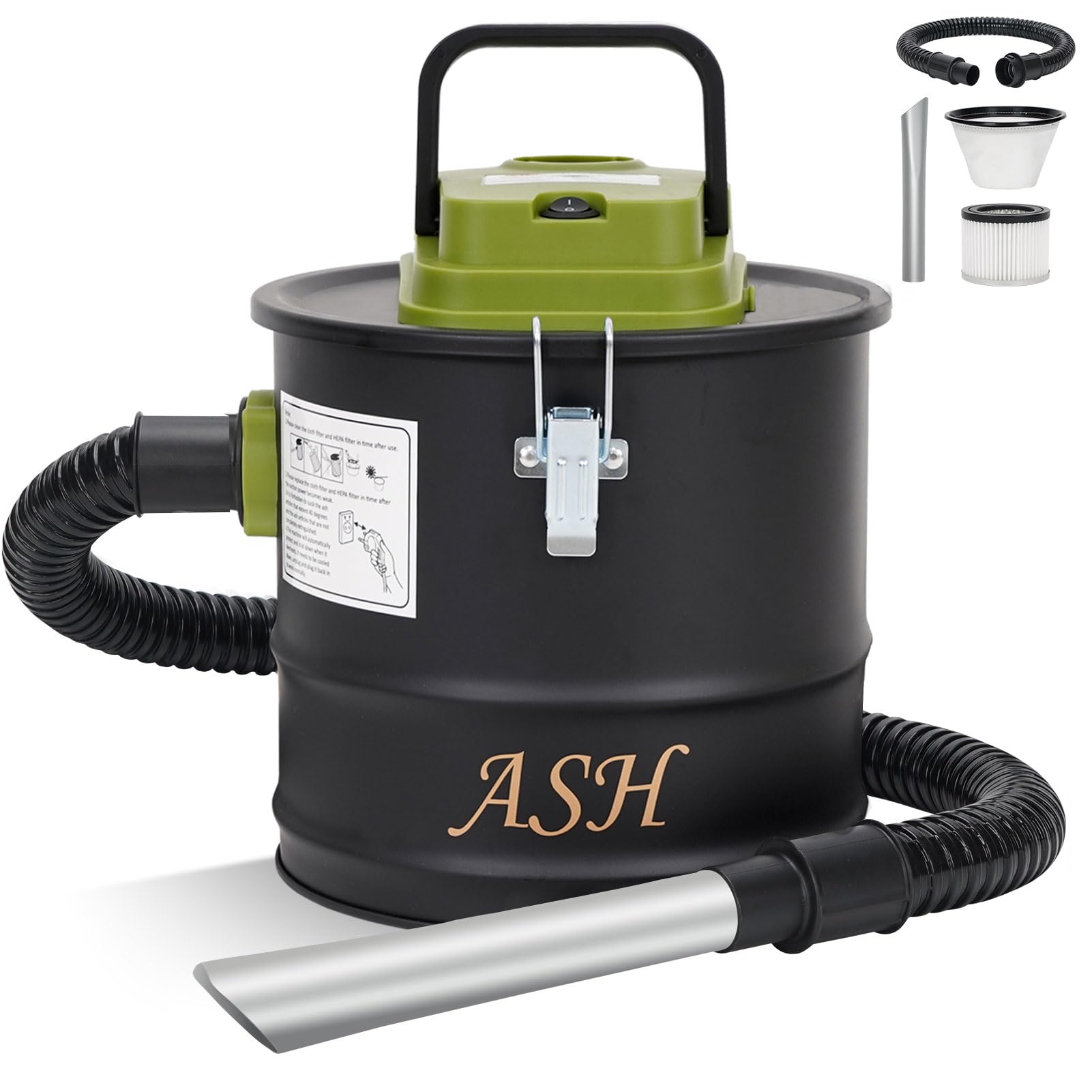 Ash Vacuum Cleaner, 800W Fireplace Ash Vac, 2.6 Gallon Green