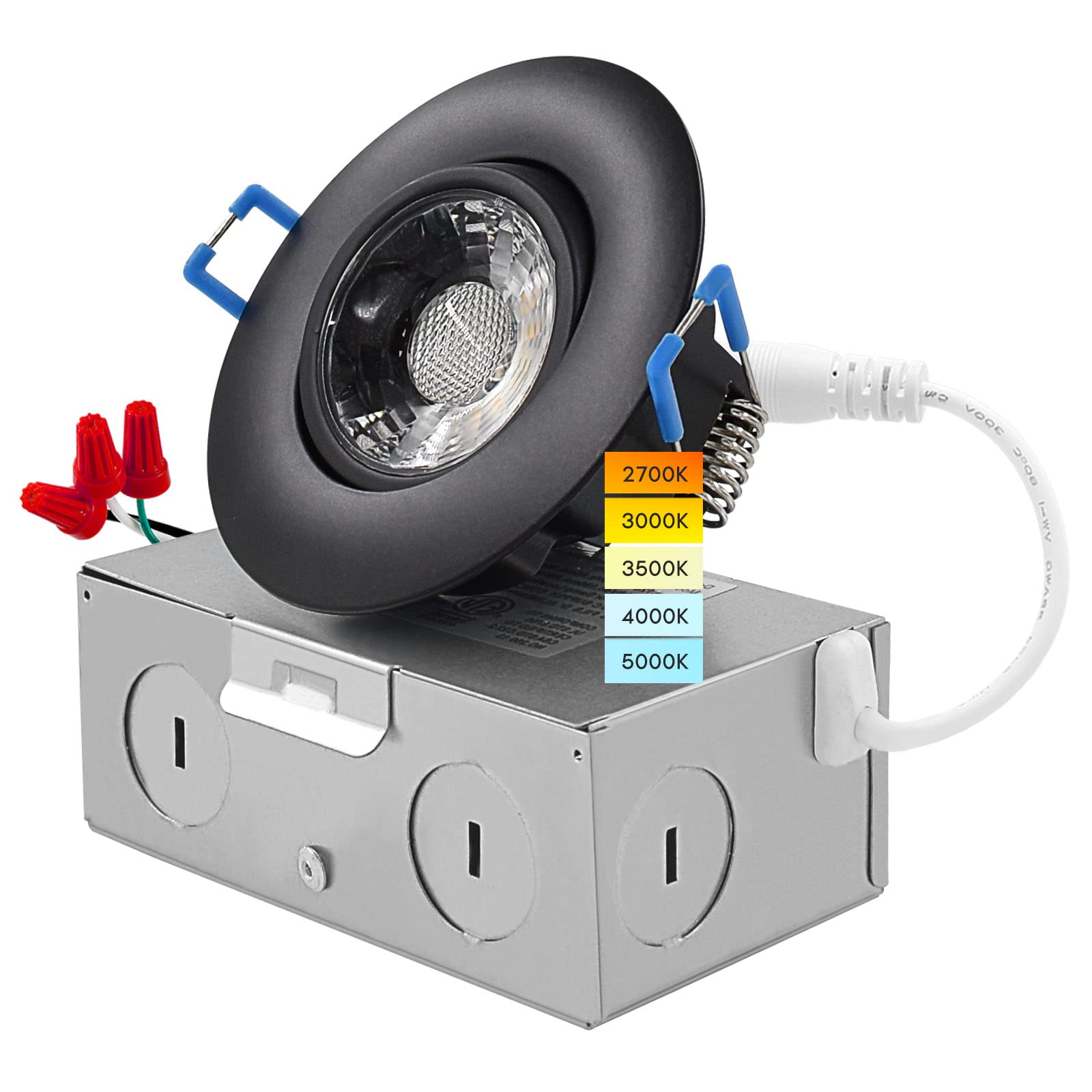 LUXRITE 3 Inch Gimbal LED Recessed Light with Junction Box, 5CCT Color Selectable 2700K-5000K, Dimmable Adjustable Eyeball Swivel Lights, 600 Lumens,