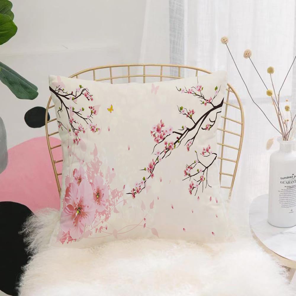 Hyosxw Pring Flower Butterfly Flying On Japanese Pi - A9 Cushion Cover,Throw Pillow Case Home Decorative For Living Room Bedroom Sofa Chair 18X18 Inch,Pring Flower Butterfly Flying On Japanese Pink Cherry Blossoms,Pillowcase 45X45cm