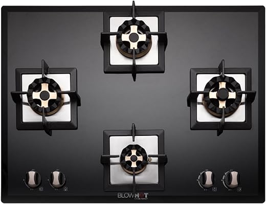 BLOWHOT Prism 4 Burner Battery Operated Built – In Gas Hob Heavy LOTUS BRASS Burners 70cms Toughened Glass Top, One 100mm Triple Ring, Two 90mm…