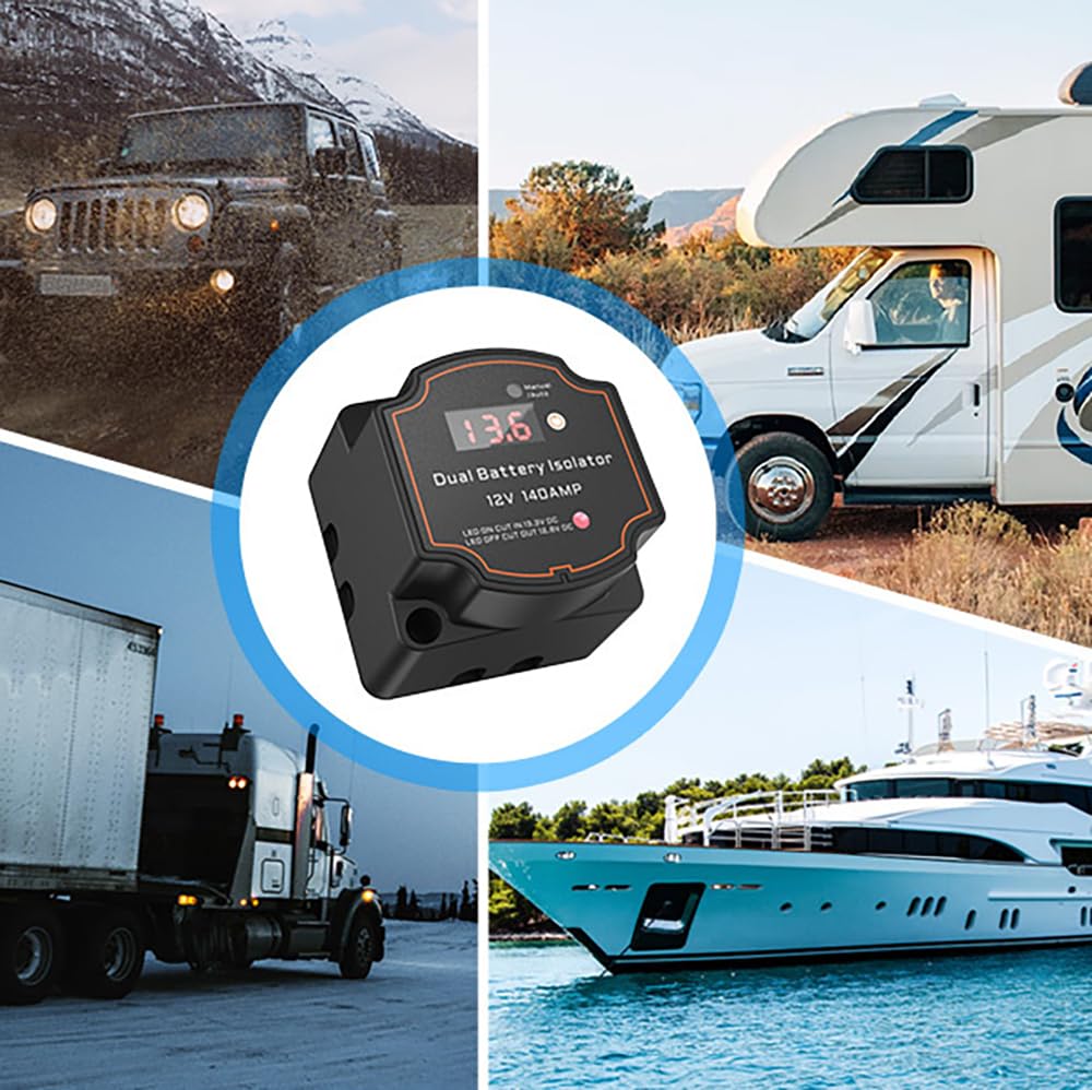 NEWFUN Kit Relè di Carica Divisa, Parallelatore Batteria 12v Camper, Kit Isolatore Doppia Batteria 12V 140A per Camper, Furgoni, Camion, SUV, RV, ATV, UTV, Barche (5M)