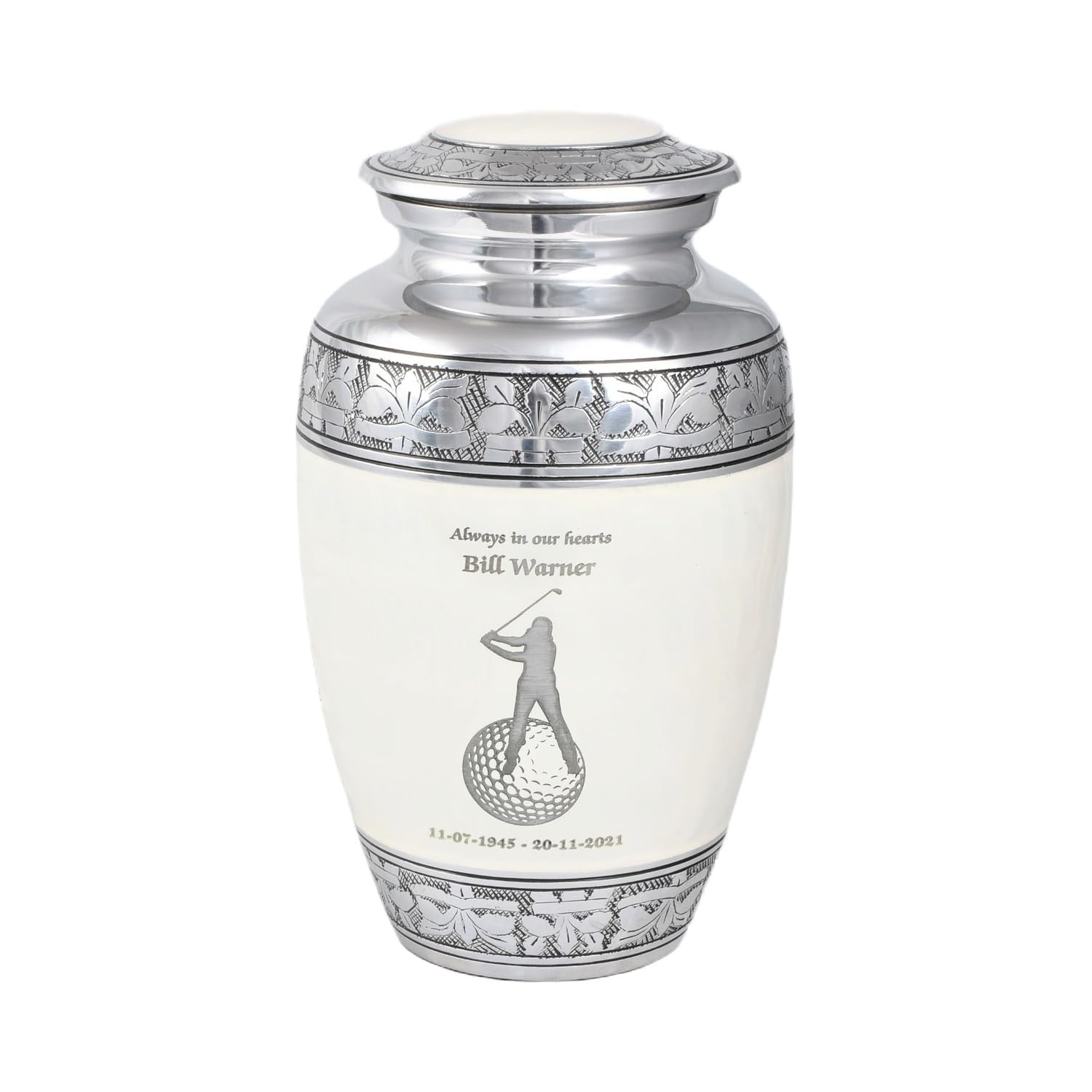 Cremation Urn for Human Ashes – Adult Large Decorative Aluminum Funeral Memorial Keepsake – Securely Holds approx. 90kg or 14 Stone Body (White-Golf, Adult Size)