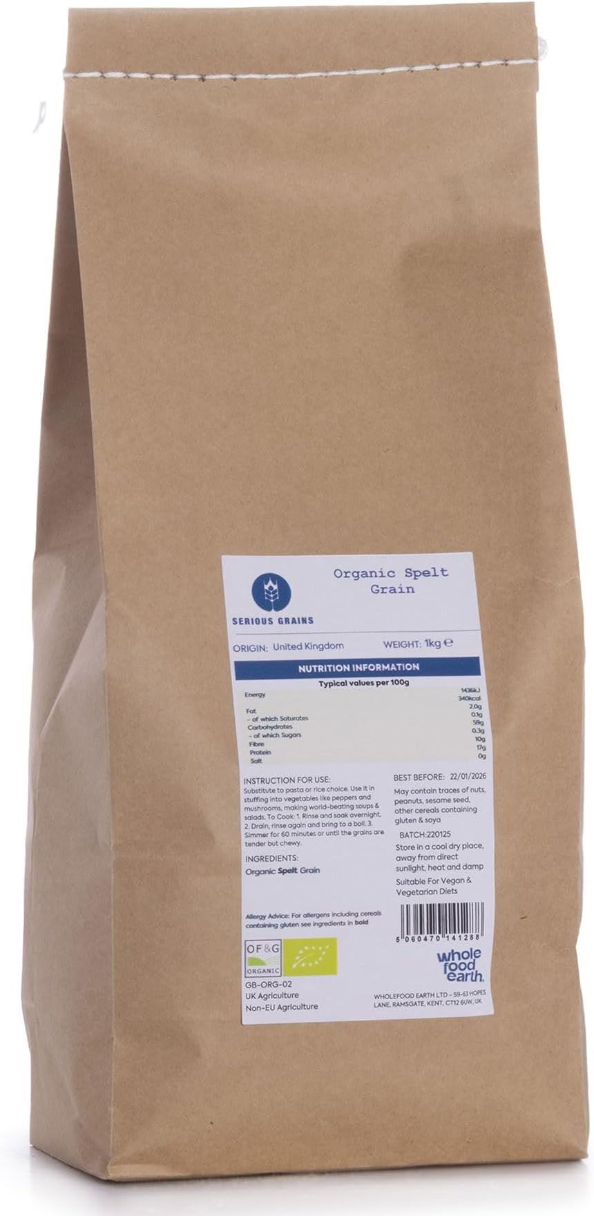 Organic Spelt Grain โ 1kg - High Fibre - Certified Organic