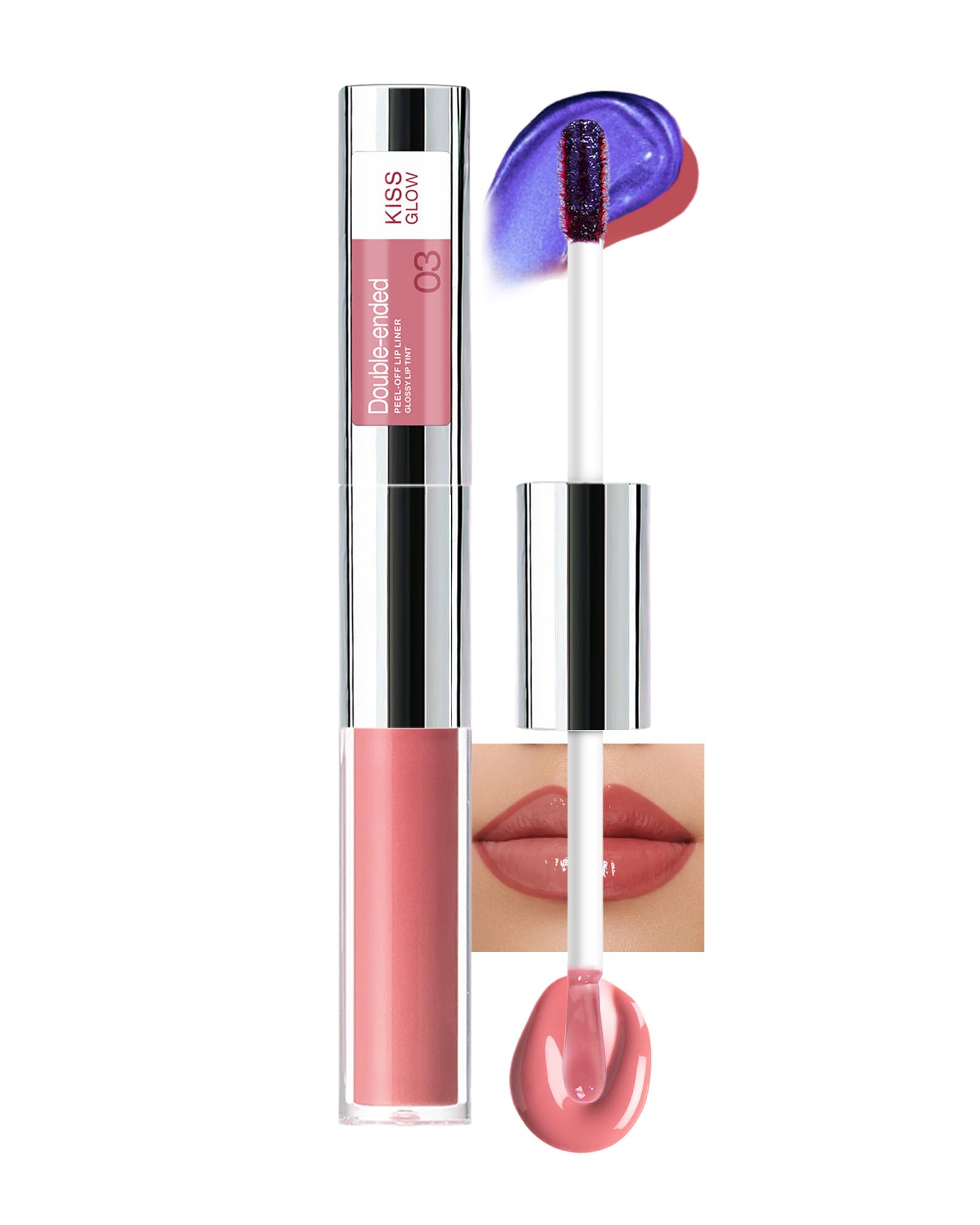 Dual Ended Peel Off Lip Stain & Lips Gloss Kit, Waterproof Long Lasting Rose Pink