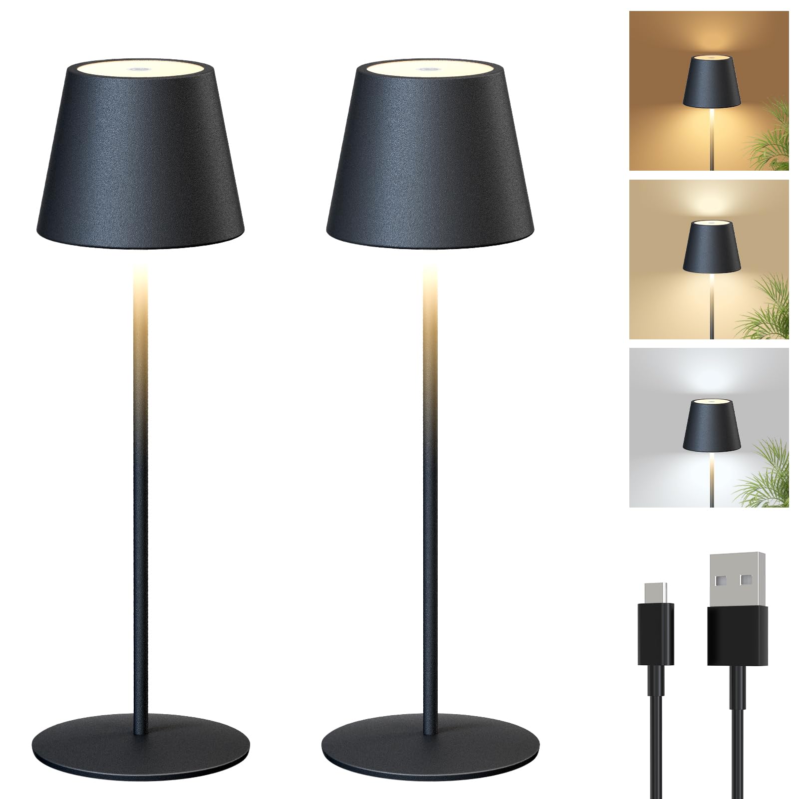 FUYO 2 pezzi Lampada da tavolo senza fili touch lampada da tavolo LED a batteria dimmerabile 3000-6000K con funzione di memoria, IP54 impermeabile per interni esterni camera da letto (Nero)