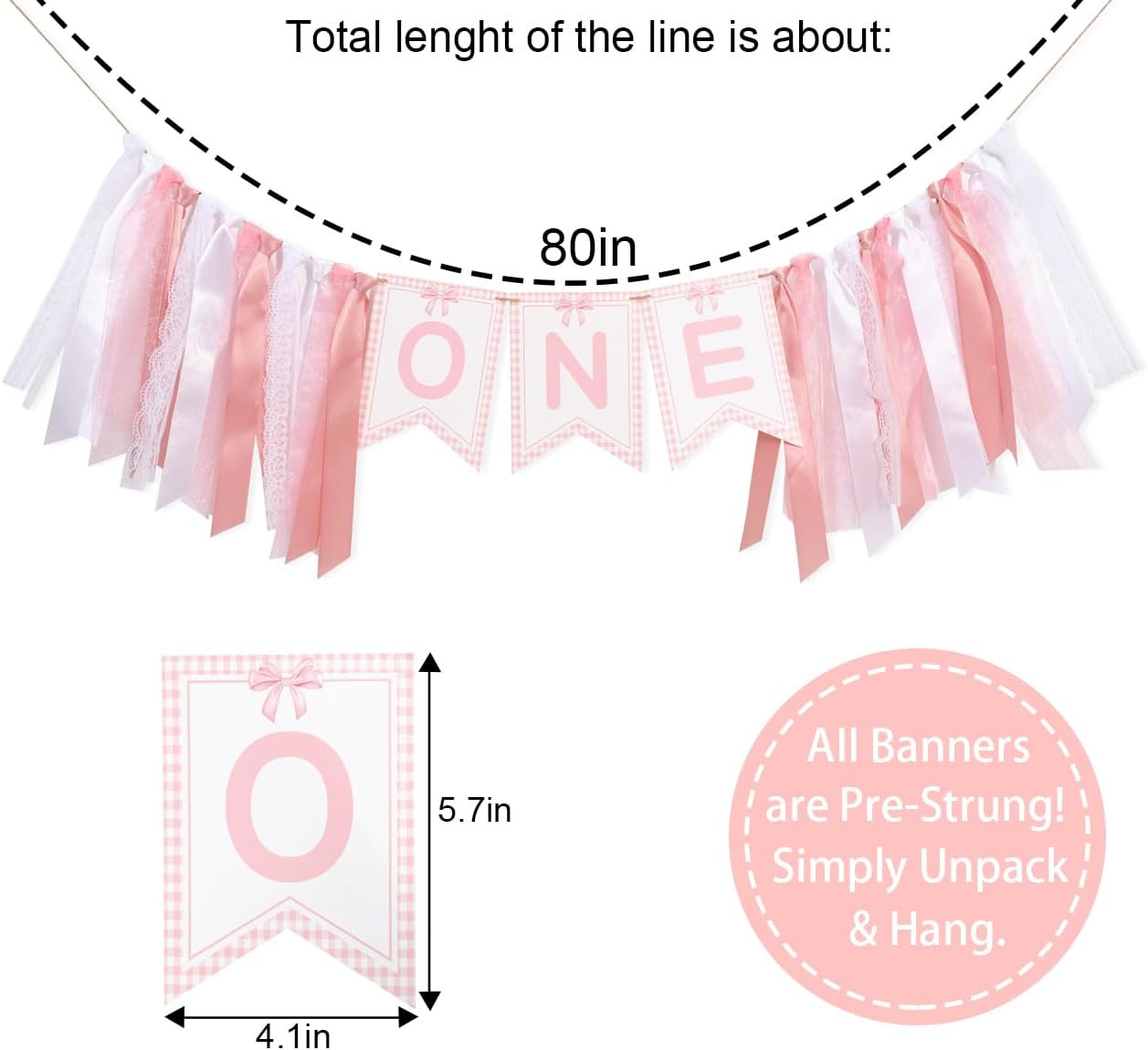 Pink Bow One High Chair Banner - One High Chair Bow Banner, Birthday Decoration, Ribbon Girl 1st Birthday - Image 2