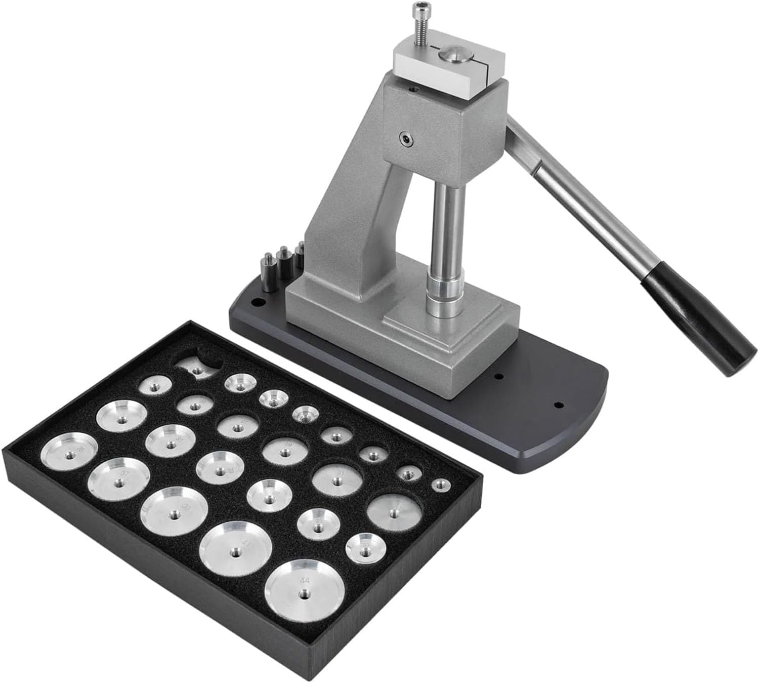 Kit de herramientas de prensado de relojes de alta resistencia con 25 troqueles y cerrador de cajas de altura ajustable para relojeros. Para talleres de relojería y uso doméstico.