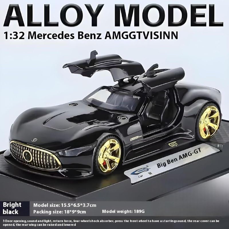 Image of 1 /32 Merceedes Vision AMG GT Future Model Car - Exclusive Alloy Metal Pullback Toy with Openable Doors, Lights, and Music for Kids (1:32 Merceedes Vision - Black)