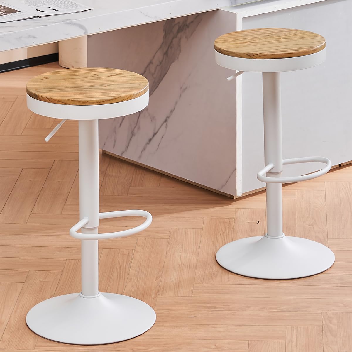 Kidol & Shellder Bar Stools Set of 2 White Round Adjustable Swivel Barstools Modern Backless Bar Chairs Wooden Seat Counter Height Stools Armless for