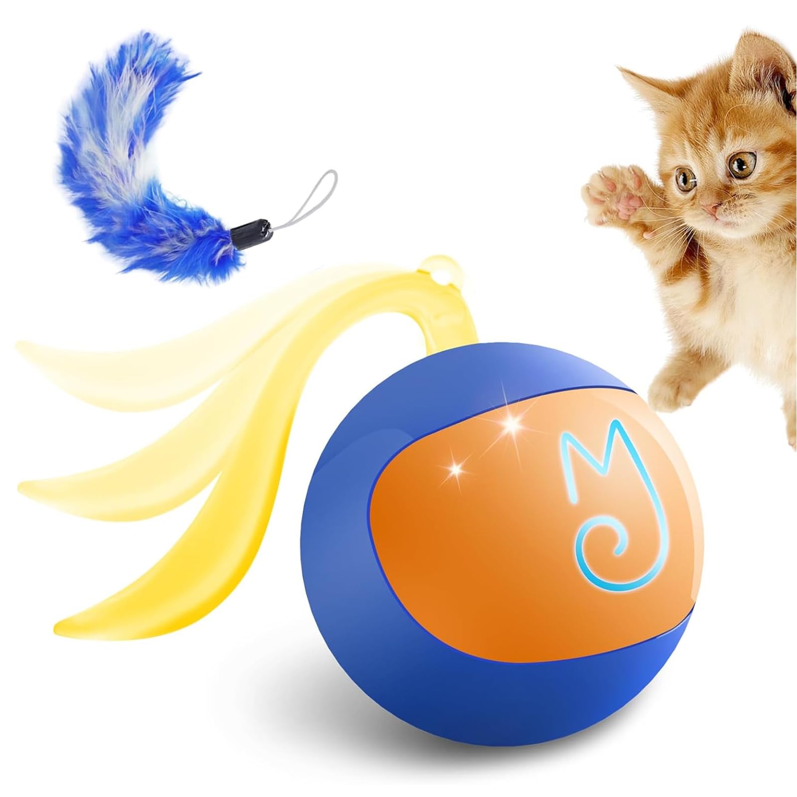 Migipaws Giocattolo Palla Interattiva 2-in-1 per Gatti – Palla da Calcio per Paws, con Coda di Piume Bonus, Rotolamento Casuale, Evita Angoli, Anti-Aggrovigliamento, Silenziosa, Ricaricabile USB