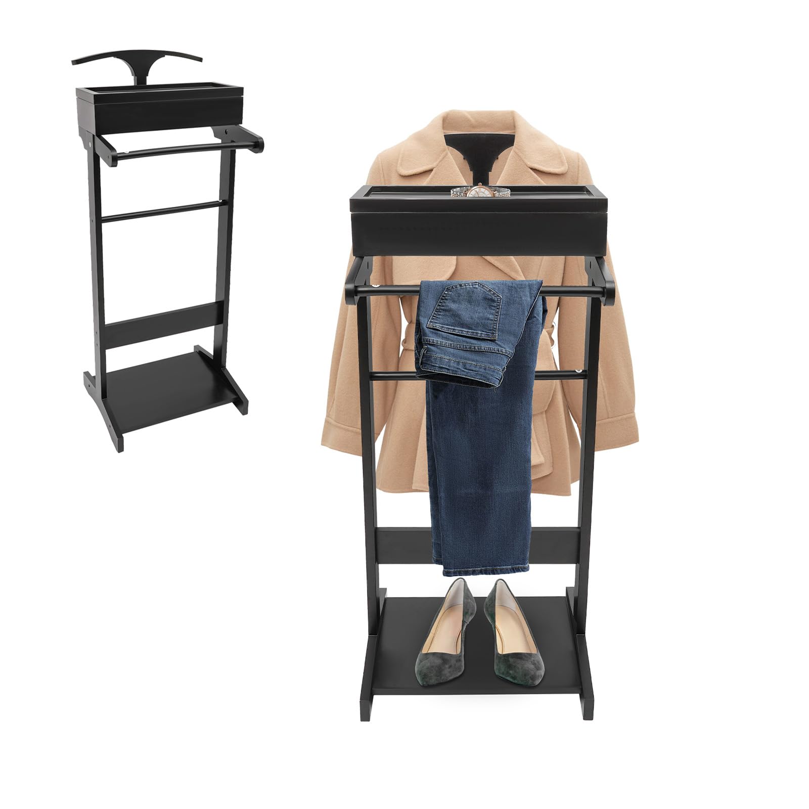 AGULIUM Wood Mens Valet Stand with Top Tray, Drawer, Contour Hanger, Trouser Bar, Shoe Rack, Suit Valet Stand Clothes Rack Clothes Stand for Home Entryway Living Room Office Shopping Mall, Black