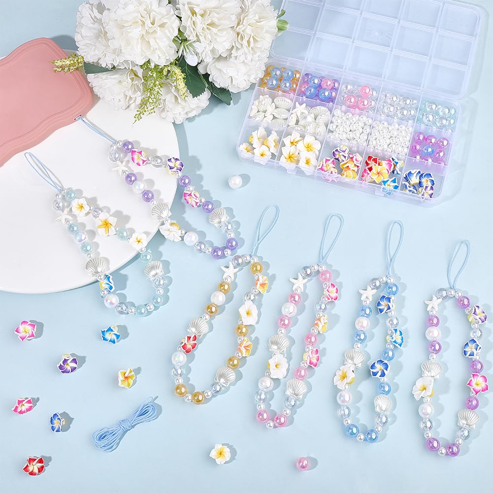 SUNNYCLUE 1 boîte de 228 pièces Kit de Création de 6 breloques pour Téléphone (Drapeau Cordon Perles en Forme D'Étoile de Mer Perles de Fleur de Frangipanier Perles de Fleur D'Été Perles de Fleur D'Ét