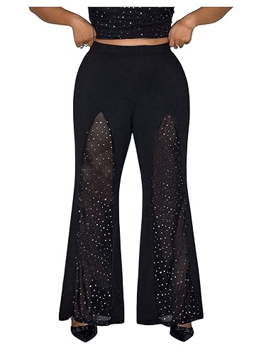 Floerns Women's Plus Size Rhinestone Bell Bottom Pants Glitter Contrast