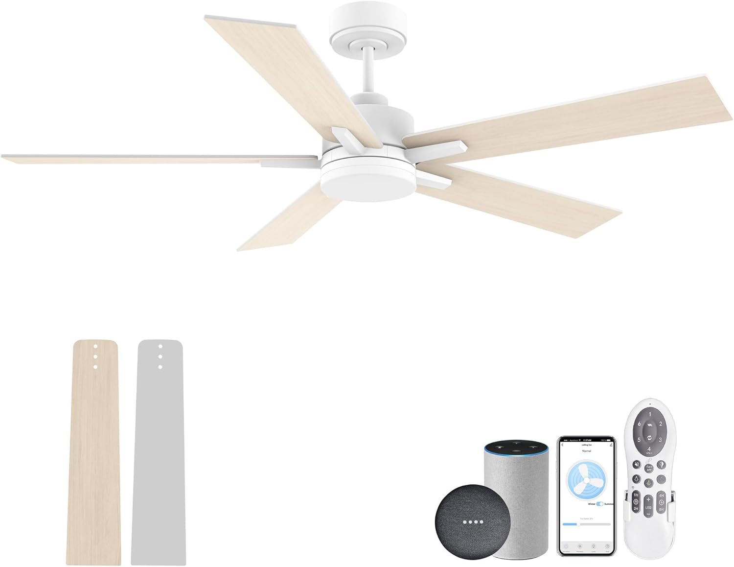 52” Smart Ceiling Fan with Lights Remote,Voice Control via Alexa Google WIFI App,Ultra Quiet DC Motor,Outdoor Indoor Modern Ceiling Fans,6-Speed for Bedroom Patio Porch,White and Wood Color White & Light Wood