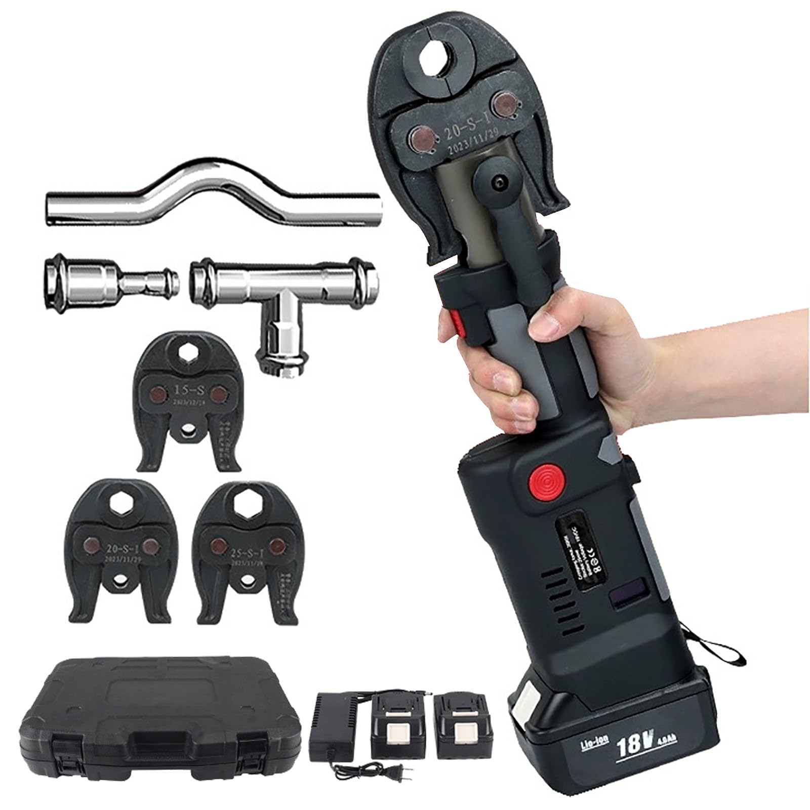 Battery Hydraulic Pipe Crimping Tool, Portable Stainless Steel Pipe Crimping Tool with 3 Jaws/ 2 Batteries, Cordless Plumbing Pipe Press Tool Kit, Pipe Pressing Time: 3-4 Seconds,Series2