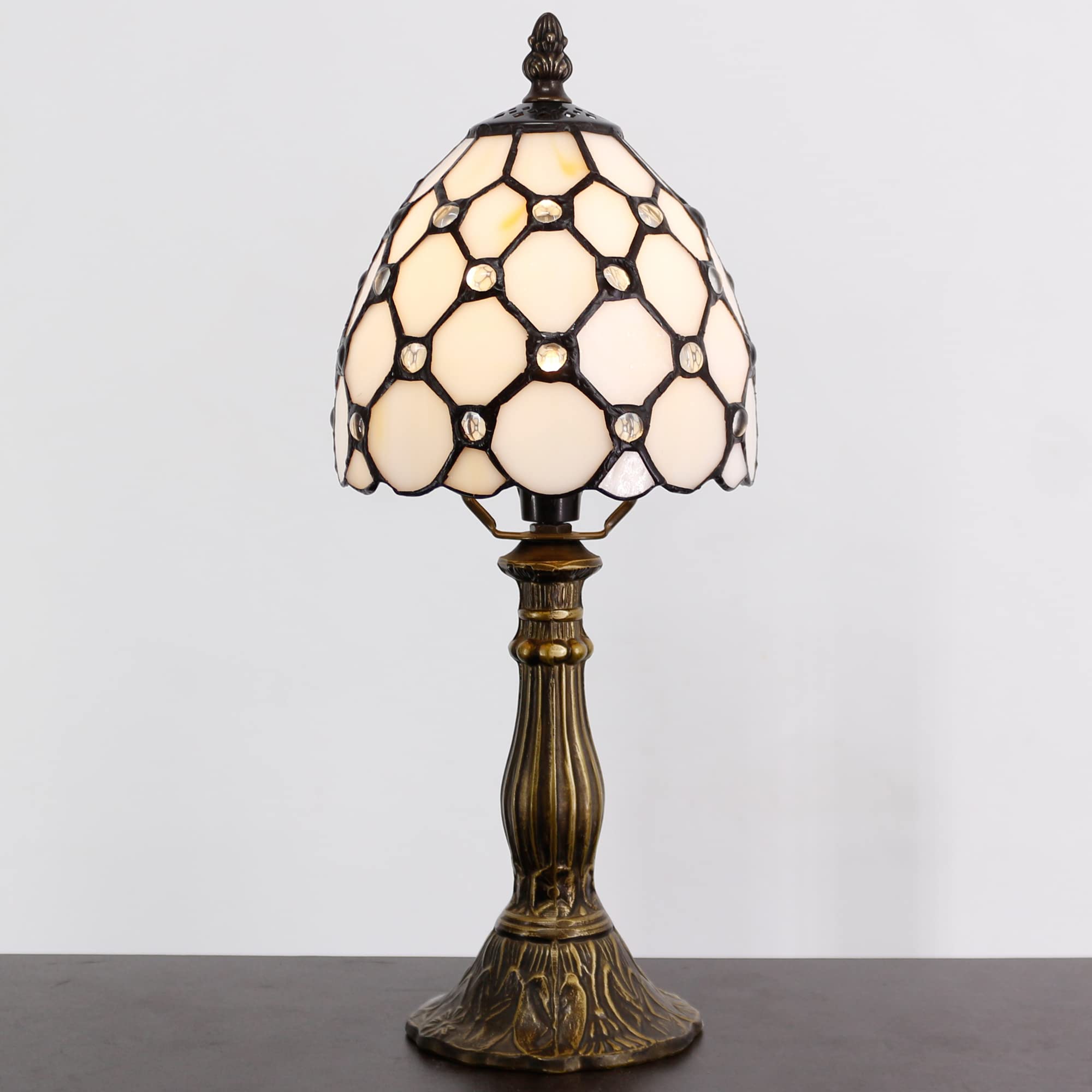 SYETL Small Tiffany Lamp Mini Accent Table Lamp White Crystal Pearl Bead Style Stained Glass Desk Memory Lamp Sympathy 6X14.6 Inch