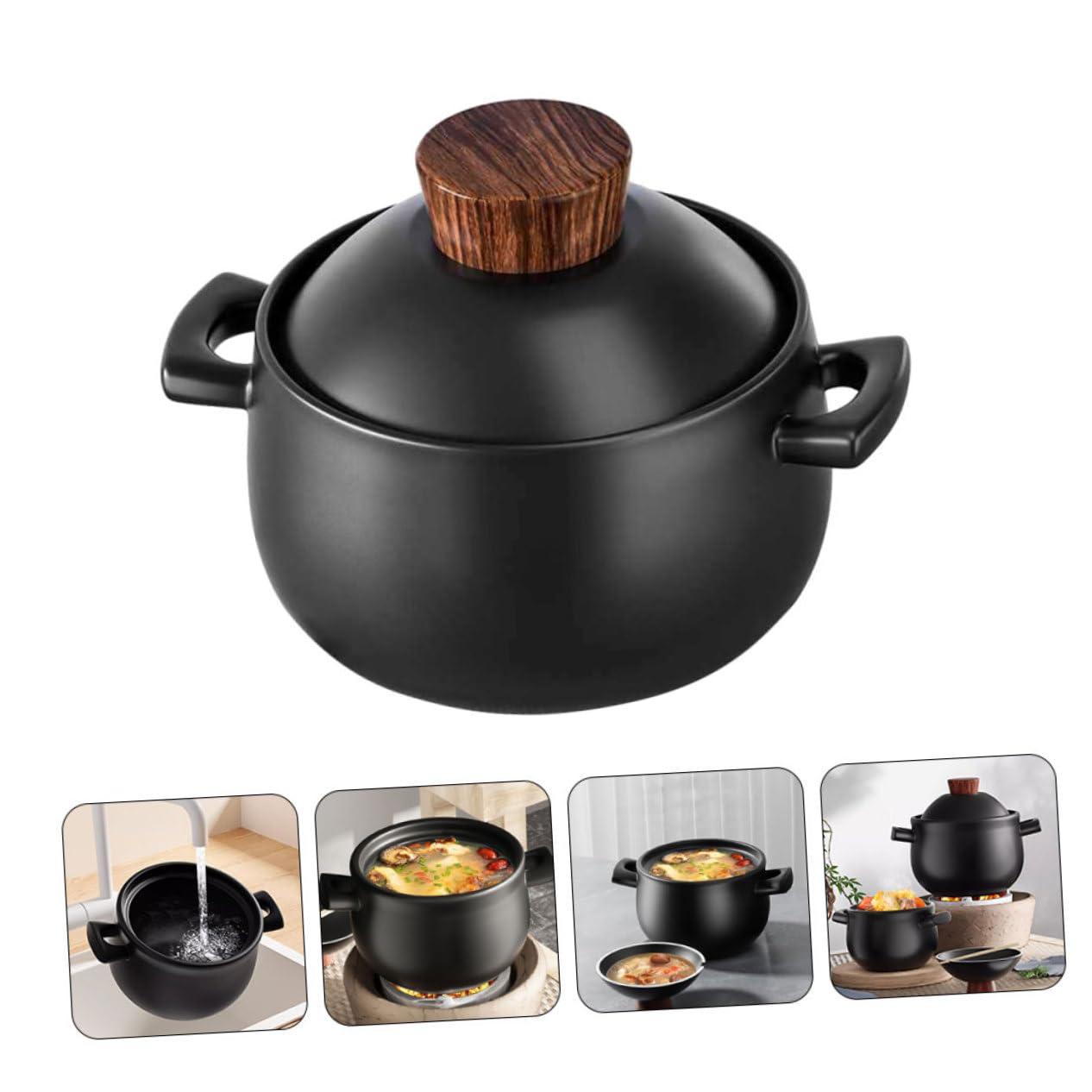 Cazuela de Cerámica Negra 2, 5l para Guisar y Cocinar | Cerámica y Madera, Superficie Lisa, Alta Temperatura, No se Agrieta con Facilidad