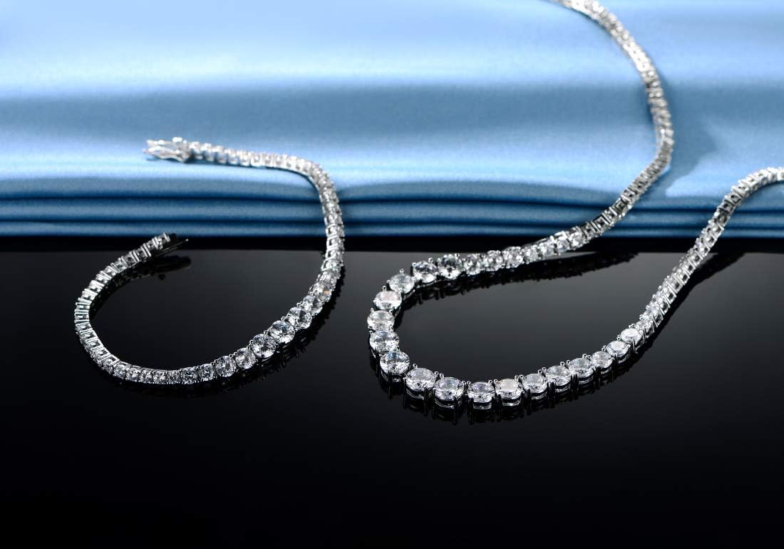 Gemsme 18K White Gold Plated Tennis Necklace/Bracelet/Earrings/Band Ring Sets Hypoallergenic Jewelry Pack of 4 - Image 5