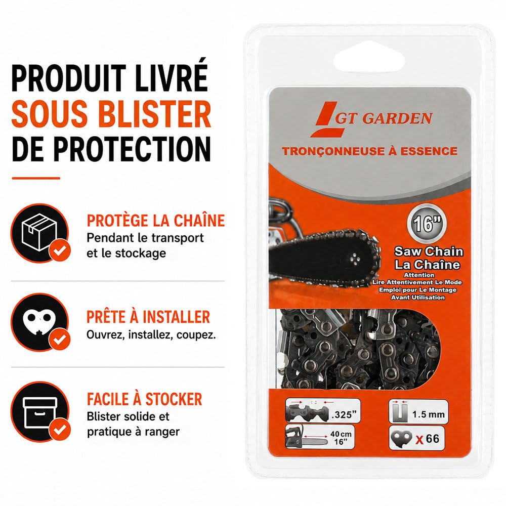 Guide 16 pouces (40 cm) avec lot de 3 chaînes 66 maillons pour tronçonneuse
