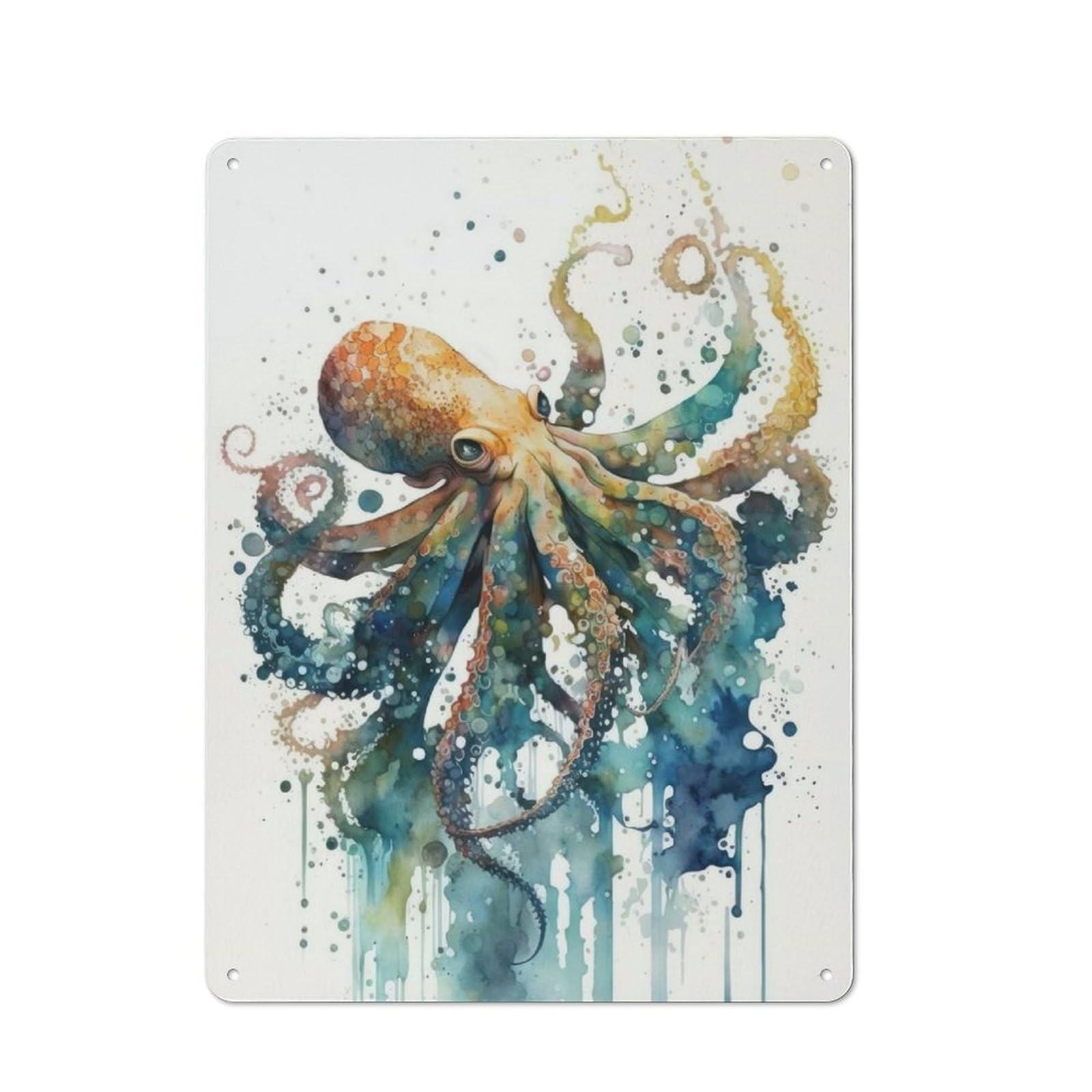 Octopus in Watercolor Vintage Metal Plaque 40x30cm for Dining Room Or Kitchen, for Dining Room Decor Fans
