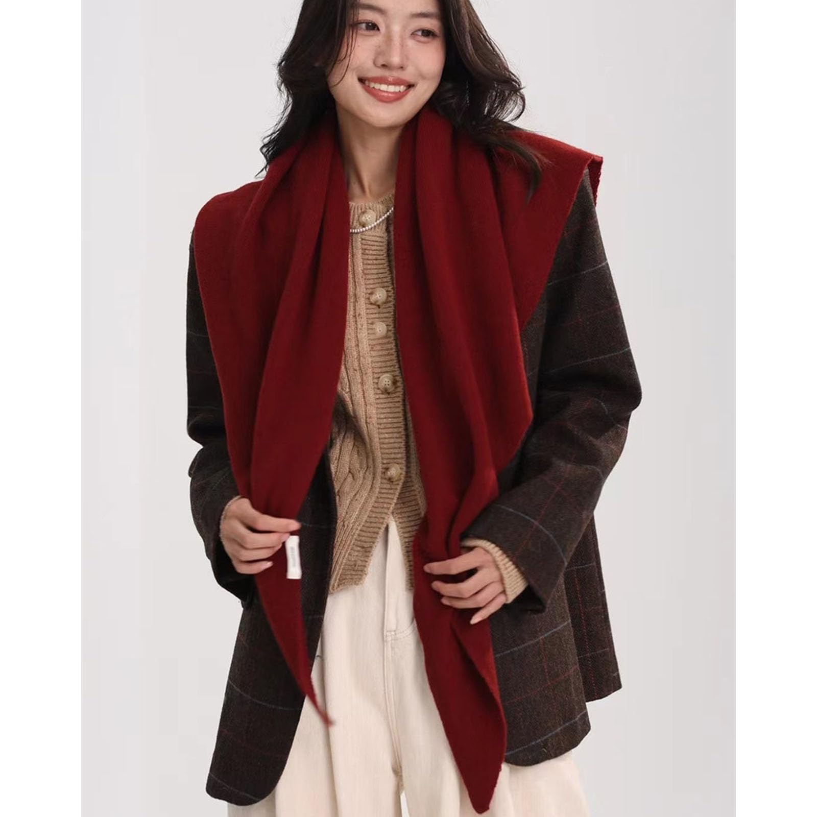 Bufanda cálida de invierno para mujer, de lana suave, triangular, de gran tamaño, cubierta fría, accesorio de moda, bufanda de protección cervical cálida, Rayas grises claros, talla �nica