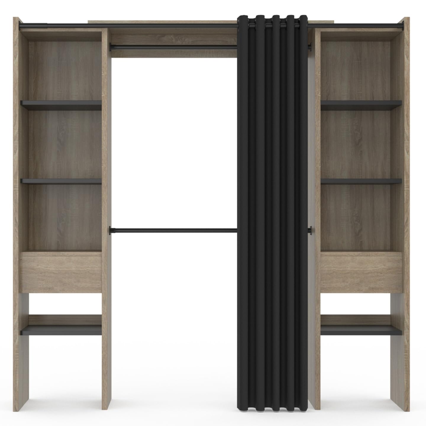 IDMarket - Dressing Extensible Double Meryl 120/180 x 50 x 180 cm hêtre avec étagères hêtre + Double penderie + Rideau Noir