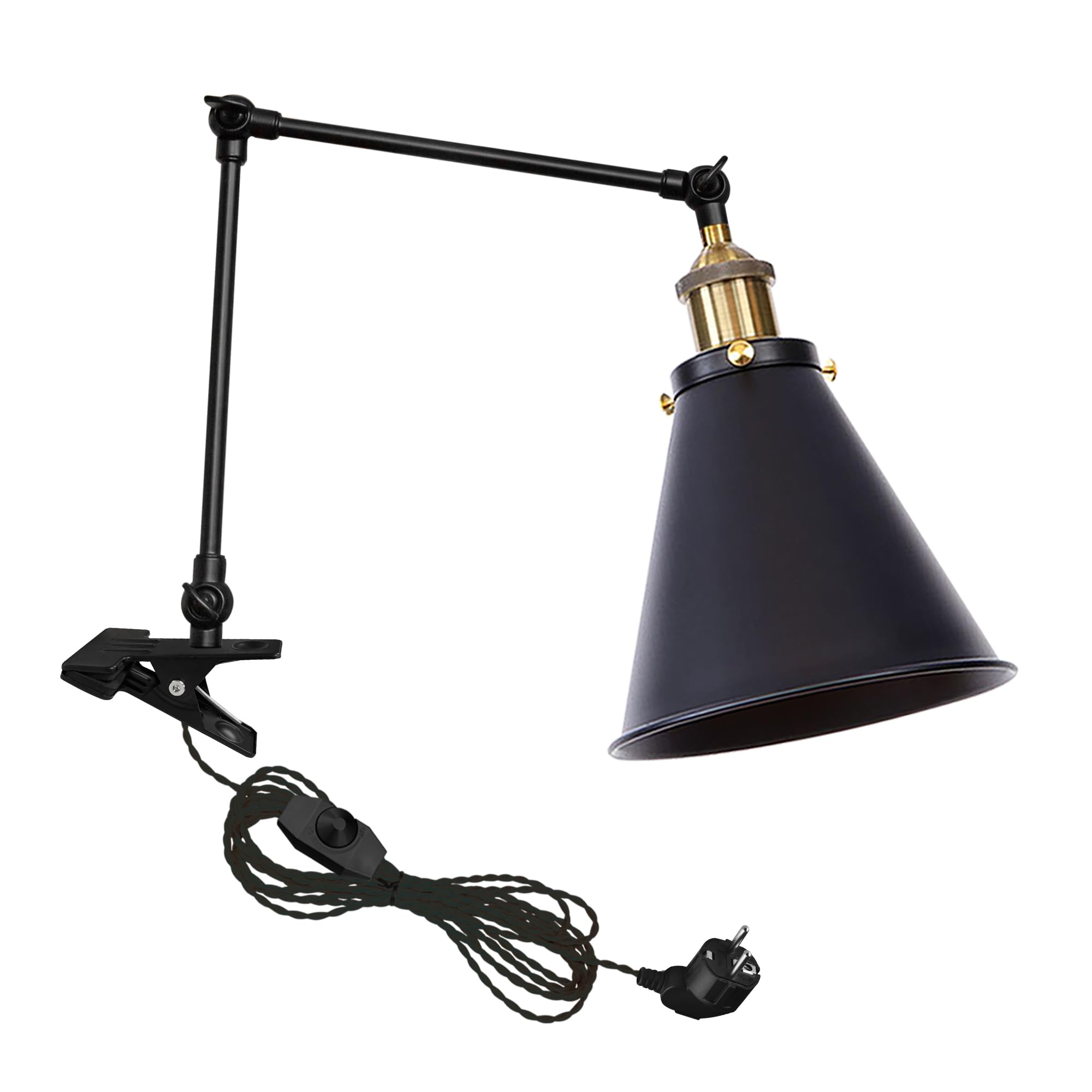 Industrial Klemmleuchte mit 2,5 Schalterkabel, Einstellbar Clip auf Schreibtisch Leselampe,Dimmbar Clamp Nachttischlampe mit Flexarm für Schreibtisch Nachttisch Regal- TD/0132G&B