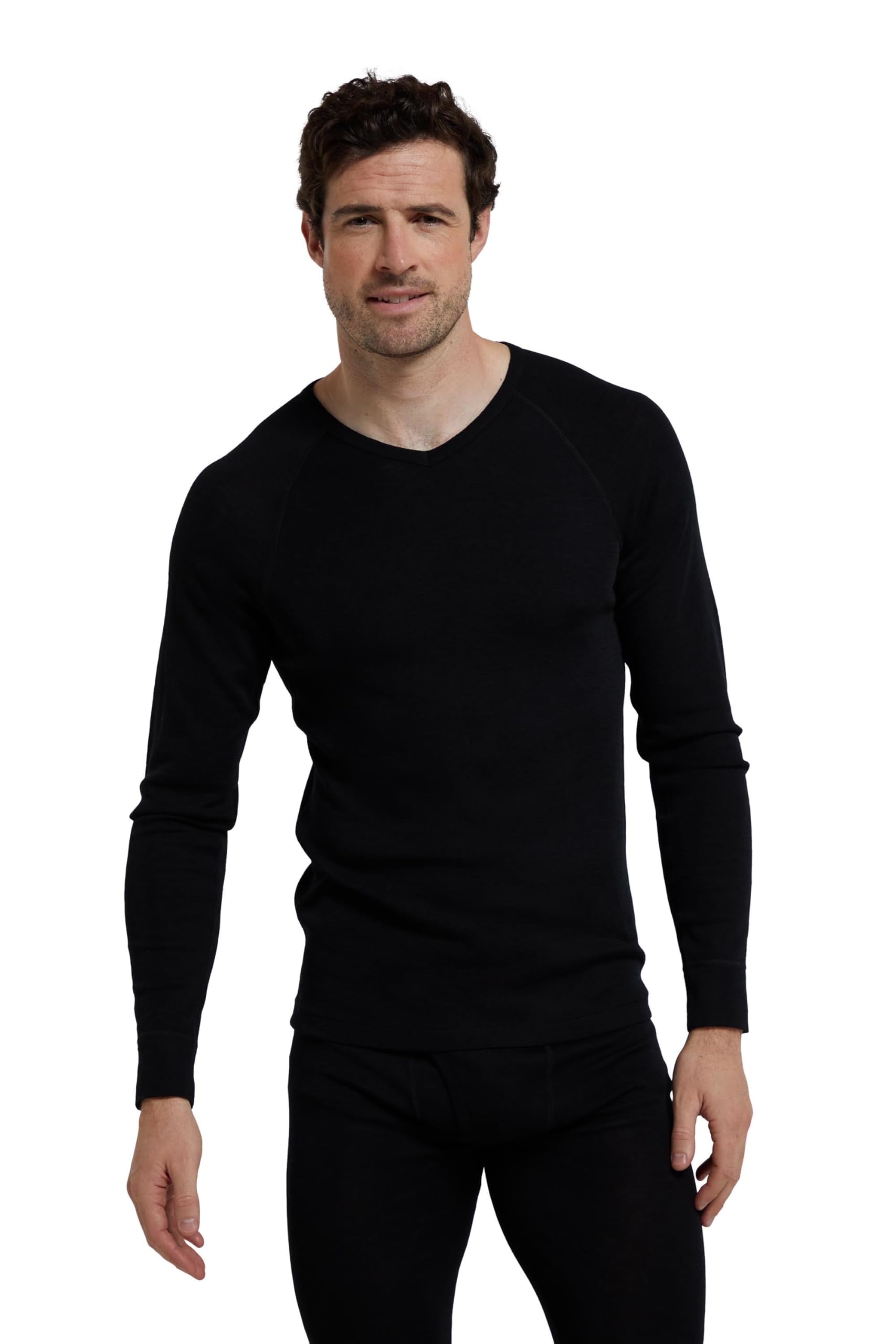Mountain Warehouse Merino Mens V Neck Base Layer - Breathable, Antibacterial, Lightweight Top - Best for Autumn Winter, Outdoors, Travelling & Hiking Black 3XL