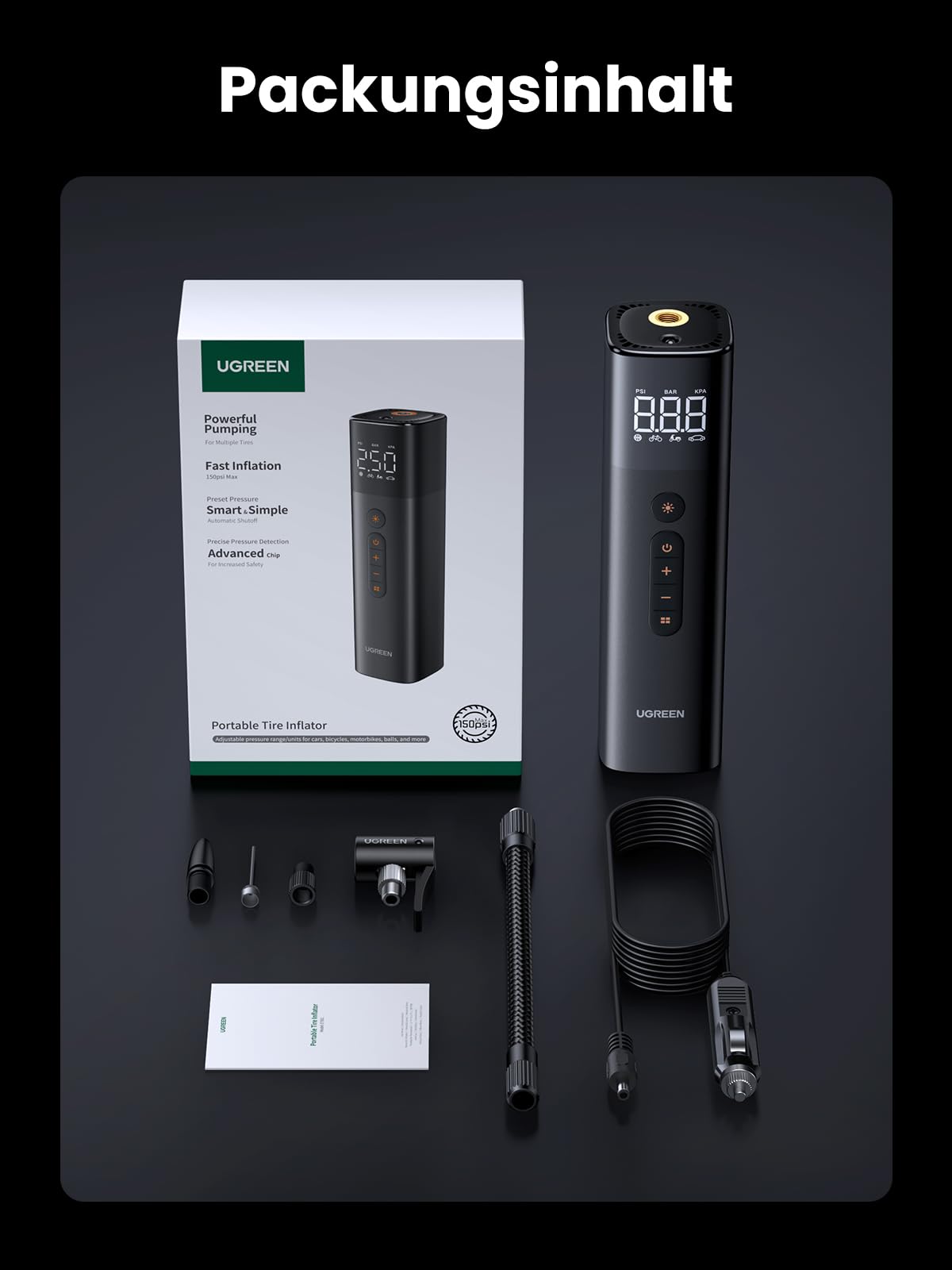 UGREEN Luftpumpe mit Zigarettenanzünder (0.2-10.3bar / 3-150psi )Elektrischer Kompressor Tragbar Fahrradpumpe Mini Reifenpumpe mit Digital LED Anzeige LED Licht für alle Fahrräder Motorräder und Autos