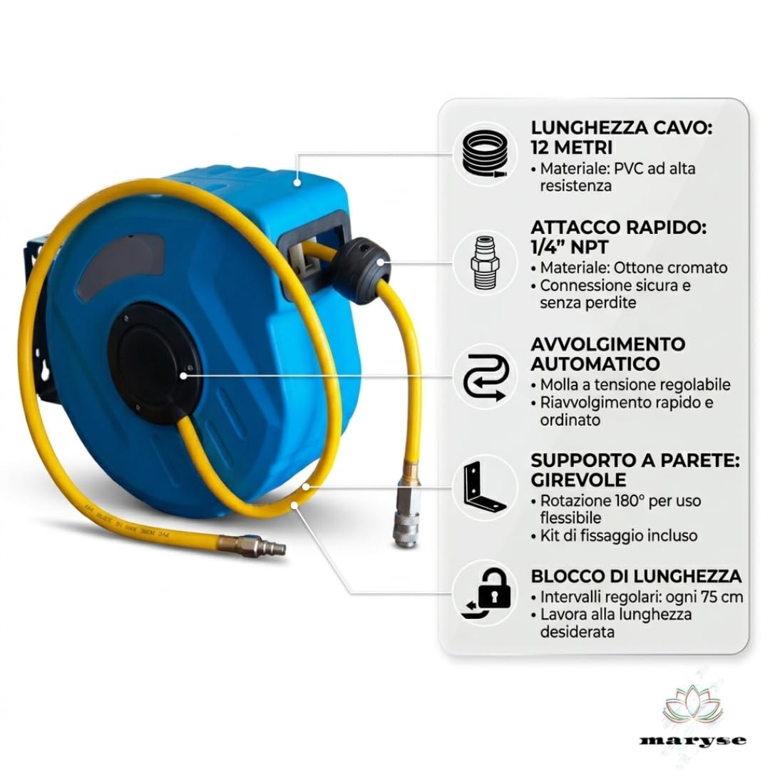 Avvolgitubo Aria Compressa Automatico 12 Metri, Tubo Flessibile in PVC Rinforzato con Attacco Rapido 1/4", Supporto a Parete Girevole 180°, Sistema di Blocco e Riavvolgimento per Officina e Garage