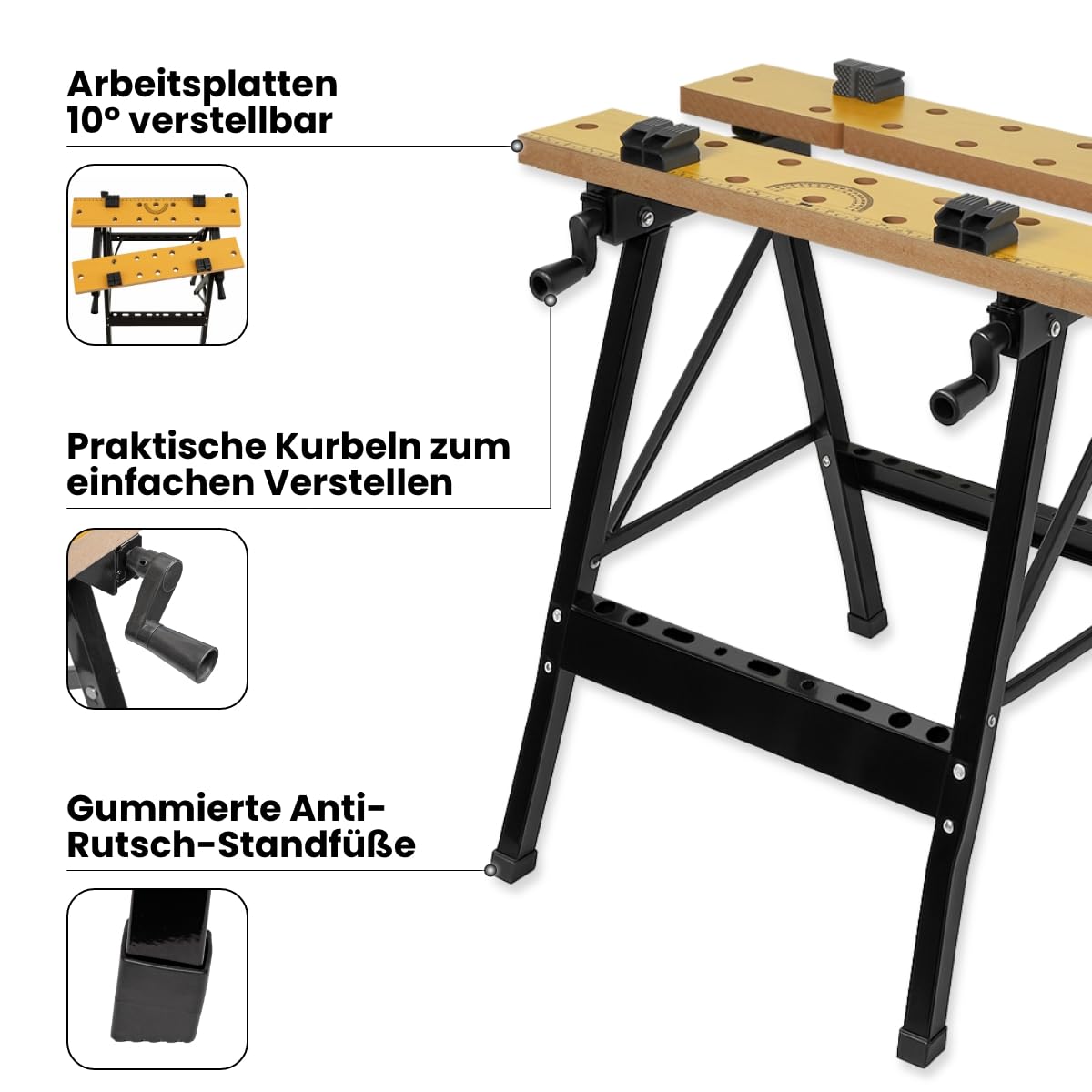 WALTER Werk- und Spanntisch, 100 kg Tragkraft, große Arbeitsfläche, klappbar und vielseitig verstellbar, universell einsetzbar, zum Schleifen, Sägen oder Einspannen von Werkstücken, Arbeitshöhe 77 cm