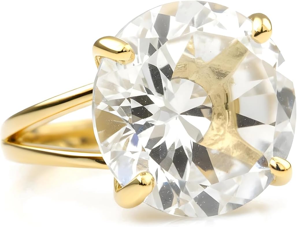 Lustrous Gem Rings for Women - 16mm Round Crystal Quartz in 14k Gold - Elegant and Nice Rings for Women - Handmade Jewelry