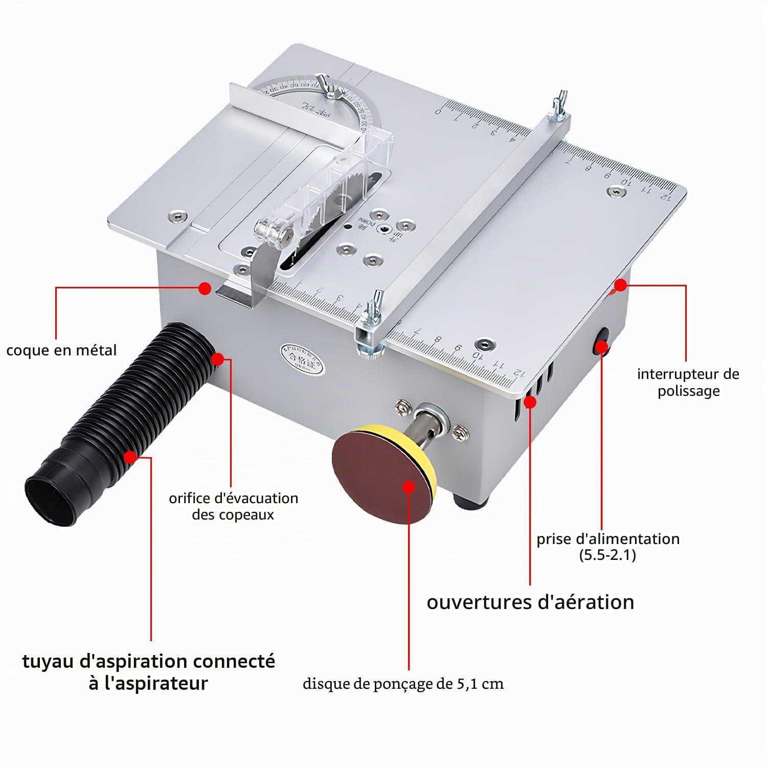 Mini scie circulaire de table, 5000 tr/min, hauteur de la lame réglable, 7 niveaux vitesse, idéal modélisme, travaux précision, mini scie électrique (60-85 mm)