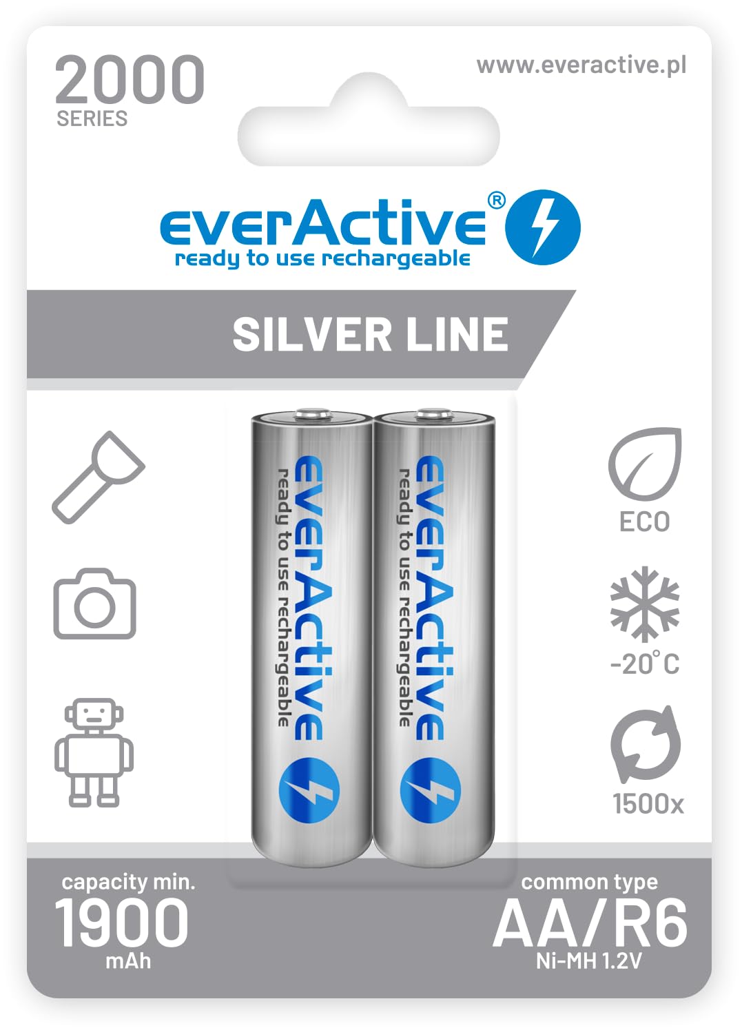 everActive Battery AA 2000 mAh 2 pieces, NI-MH, Mignon R6, rechargeable batteries, pre-charged, silver line 1.2 V, 1 blister card