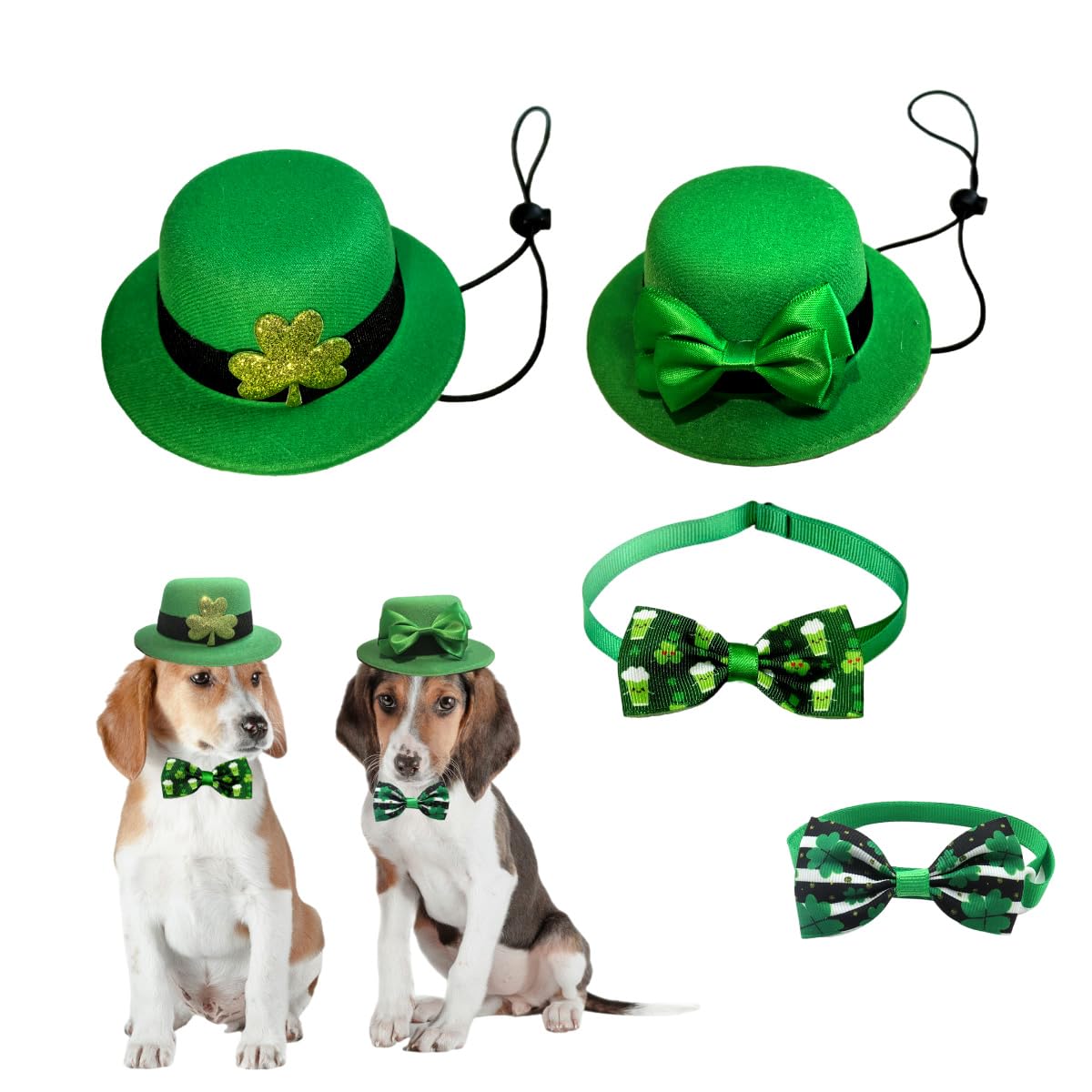 St Patrick's Day Costume For Dog Cat 4pcs Set Bandana Collar and Pet Top Hat With Clover Pattern Adjustable For Puppy Dogs Cats Kitten (S-4pcs Green Hats Collar)