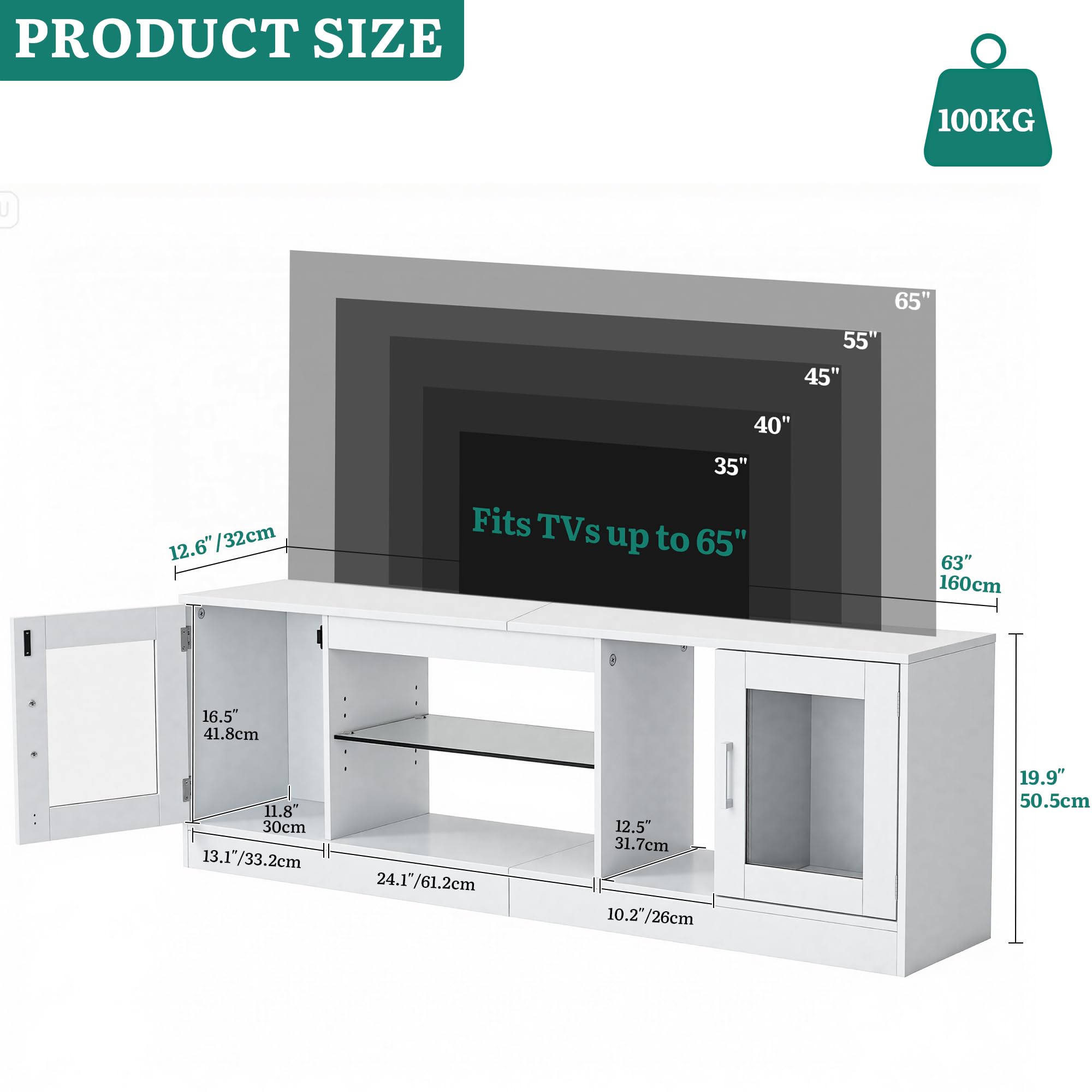 YITAHOME Mobile TV da 160 cm con 7 LED RGB, con 2 armadi chiusi, 3 ripiani aperti e ripiano in vetro regolabile, moderno centro di intrattenimento per soggiorno, 160 x 32 x 51 cm