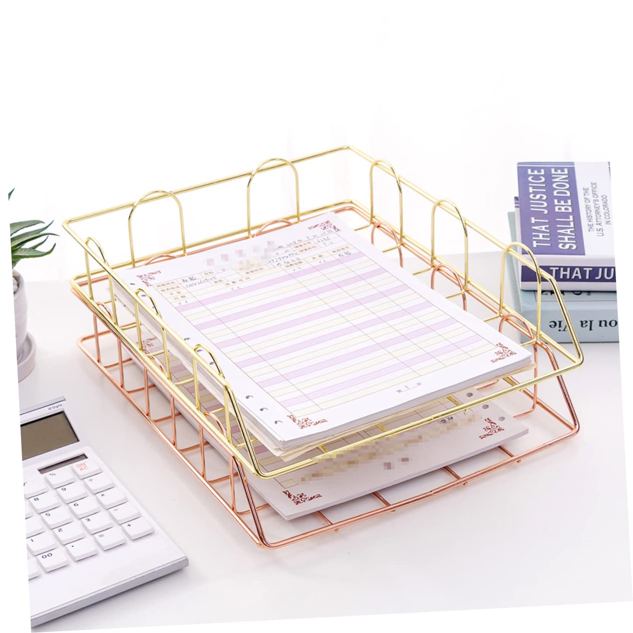 PLAFOPE 2pezzi Portadocumenti Impilabile in Metallo Cestino Portaoggetti da Ufficio Contenitore per Carta in Ferro Dorato Organizer per Scrivania