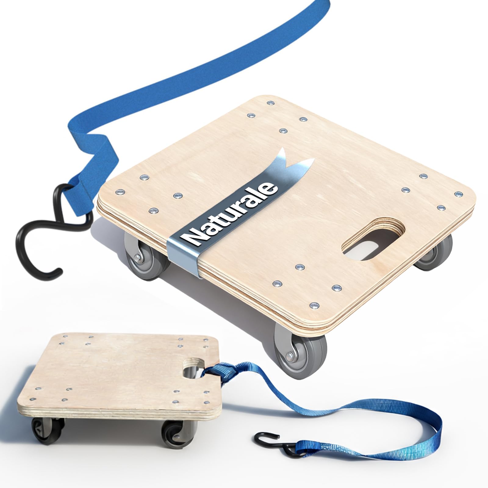 Carrello per Piante in Legno con Corda e Ganci | Piattaforma 30×30 cm, Spessore 1,8 cm | 200 kg Capacità | Ruote Silenziose 360° | Maniglia Integrata, Nessun Montaggio