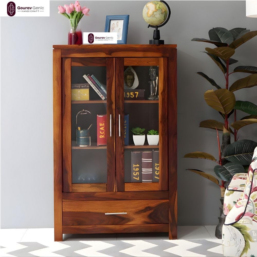 Sheesham Wood Book Cabinet with Glass Doors and Bottom Drawer for Living Room Study Office Display Storage Cupboard Solid Wood Shelving Unit Home Furniture-image-18