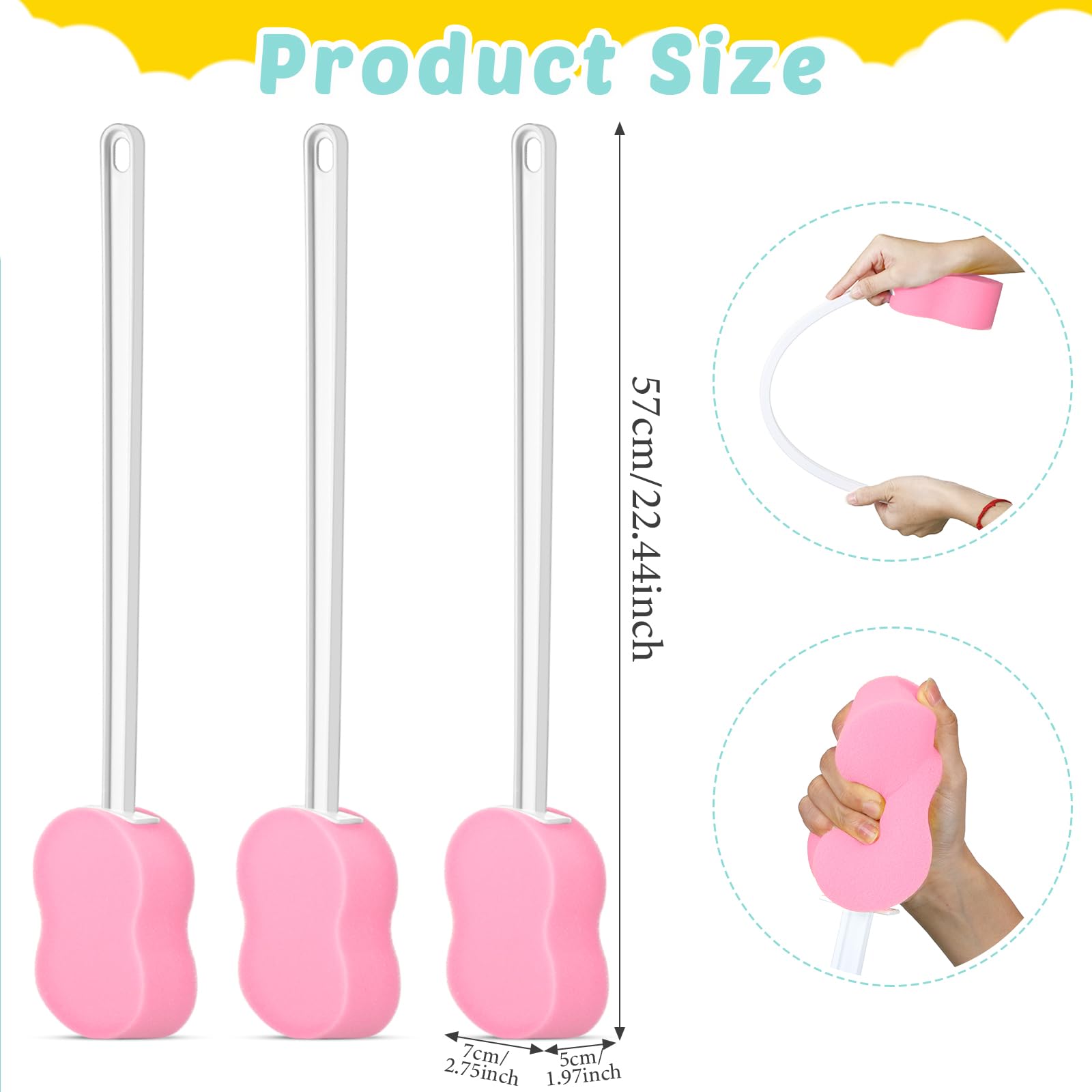 3 esponjas de mango largo de 22.4 pulgadas, esponja trasera en un cepillo corporal con mango para pies y cuerpo, movimiento limitado (rosa)