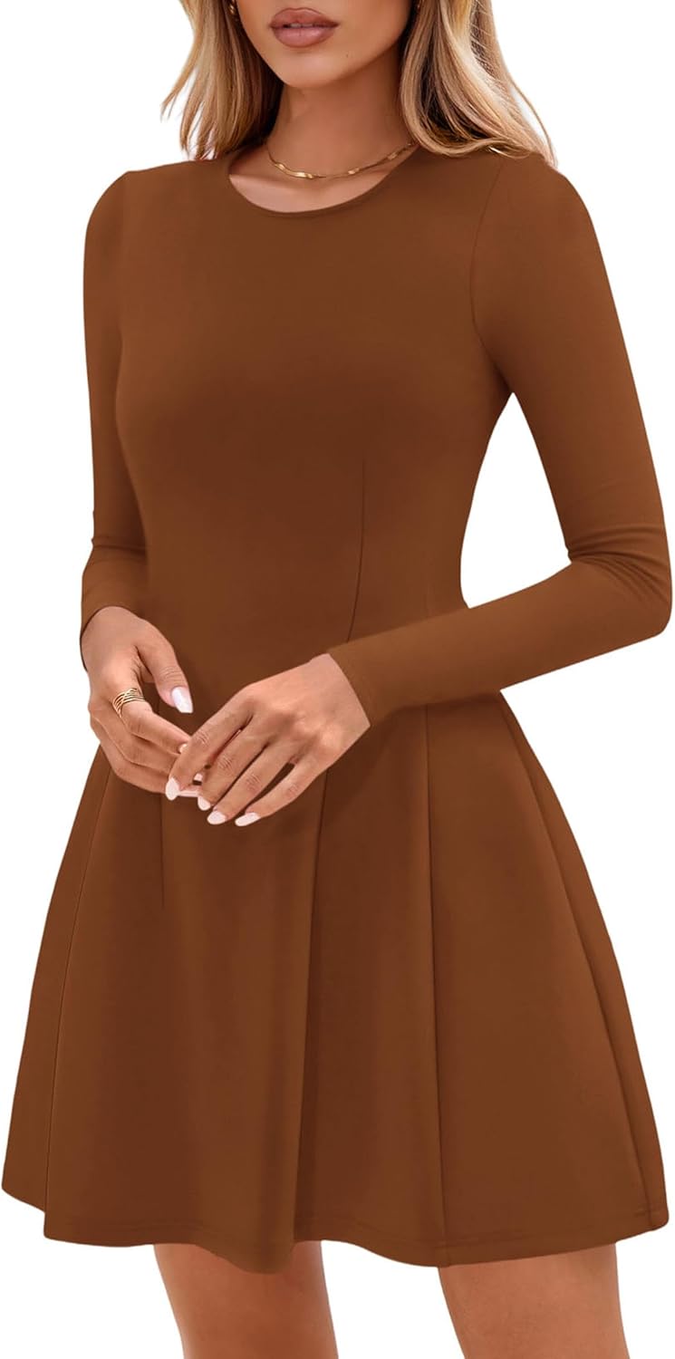 PRETTYGARDEN Long Sleeve Mini Dress for Women 2026 Spring Crewneck Knit Pleated Babydoll A Line Casual Short Party Dresses - Image 7