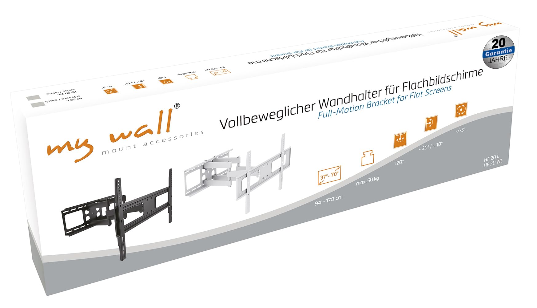 my Wall HF 20 WL - Soporte de Pared para TV (inclinable, Distancia a la Pared Variable 94,0 cm (37) - 177,8 cm (70), Giratorio, inclinable