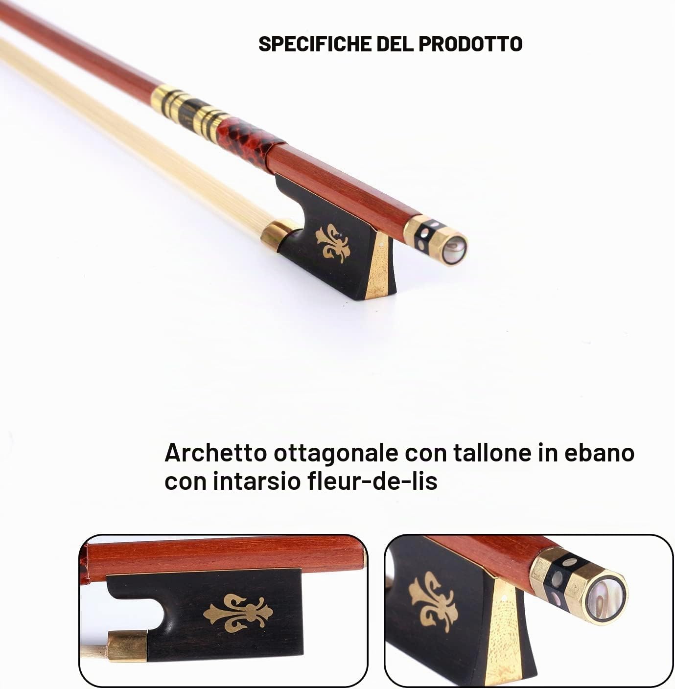 Archetto avanzato per violino 4/4 in pernambuco, realizzato a mano, leggero ed equilibrato, vero crine di cavallo per un suono profondo e potente, per violinisti avanzati