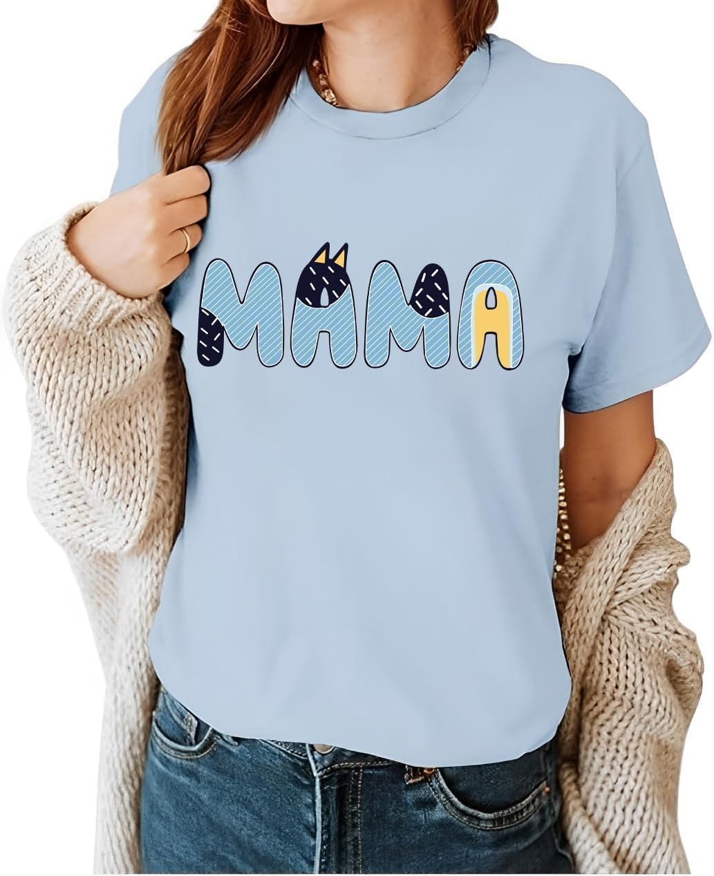 Mama Shirts for Women Mama Letter Printed T-Shirt Graphic Blue Mom Shirt Casual Short Sleeve Dog Mom Tee Tops